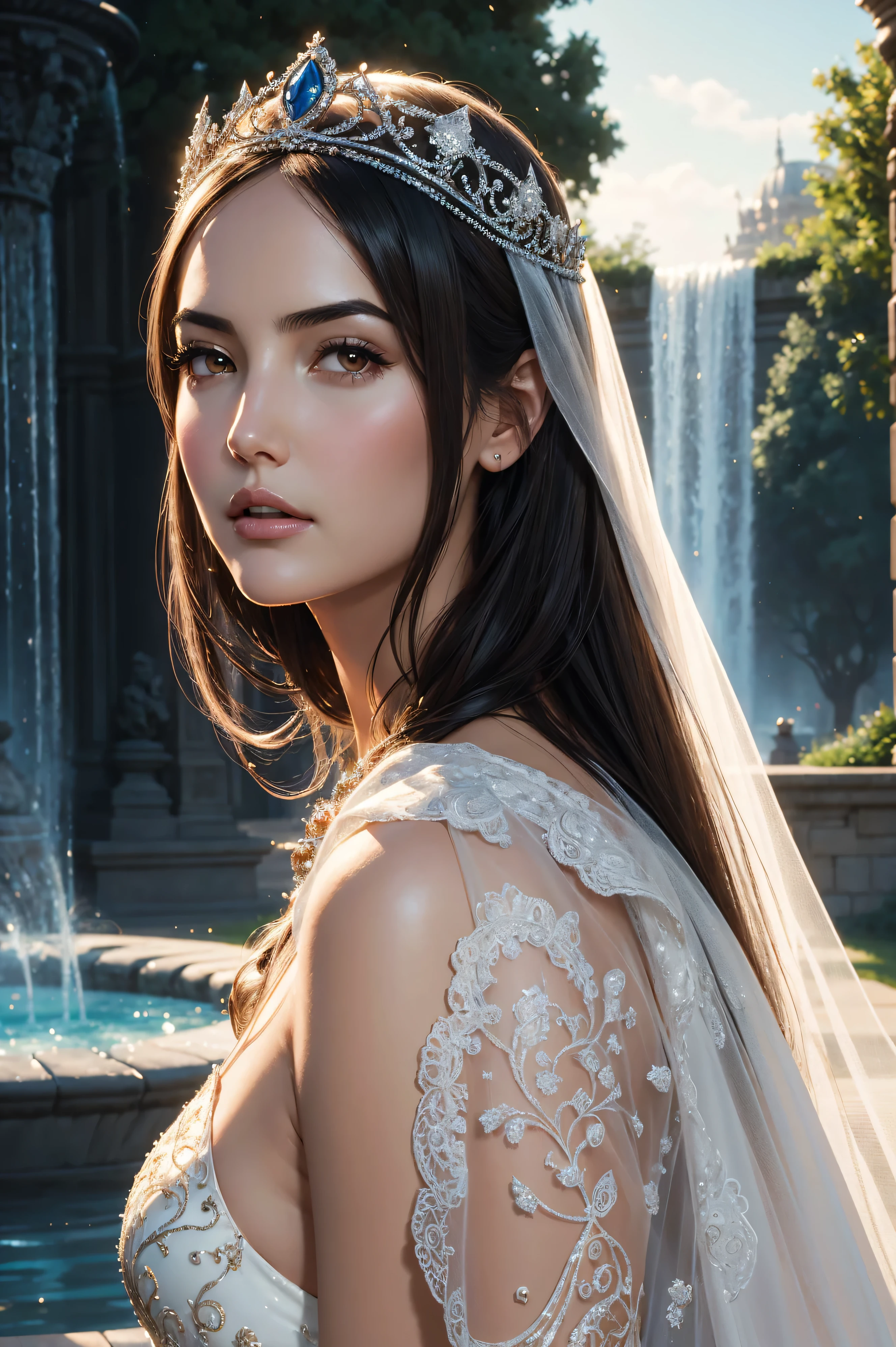 36k, portrait Camilla Belle, wearing veil bride tiara costume, aagainst the background of the fountain, character portrait, 7 9 9 0 s, long hair, intricate, elegant, highly detailed, digital painting, artstation, concept art, smooth, sharp focus, illustration, art by wlop, charlie bowater and alexandra fomina