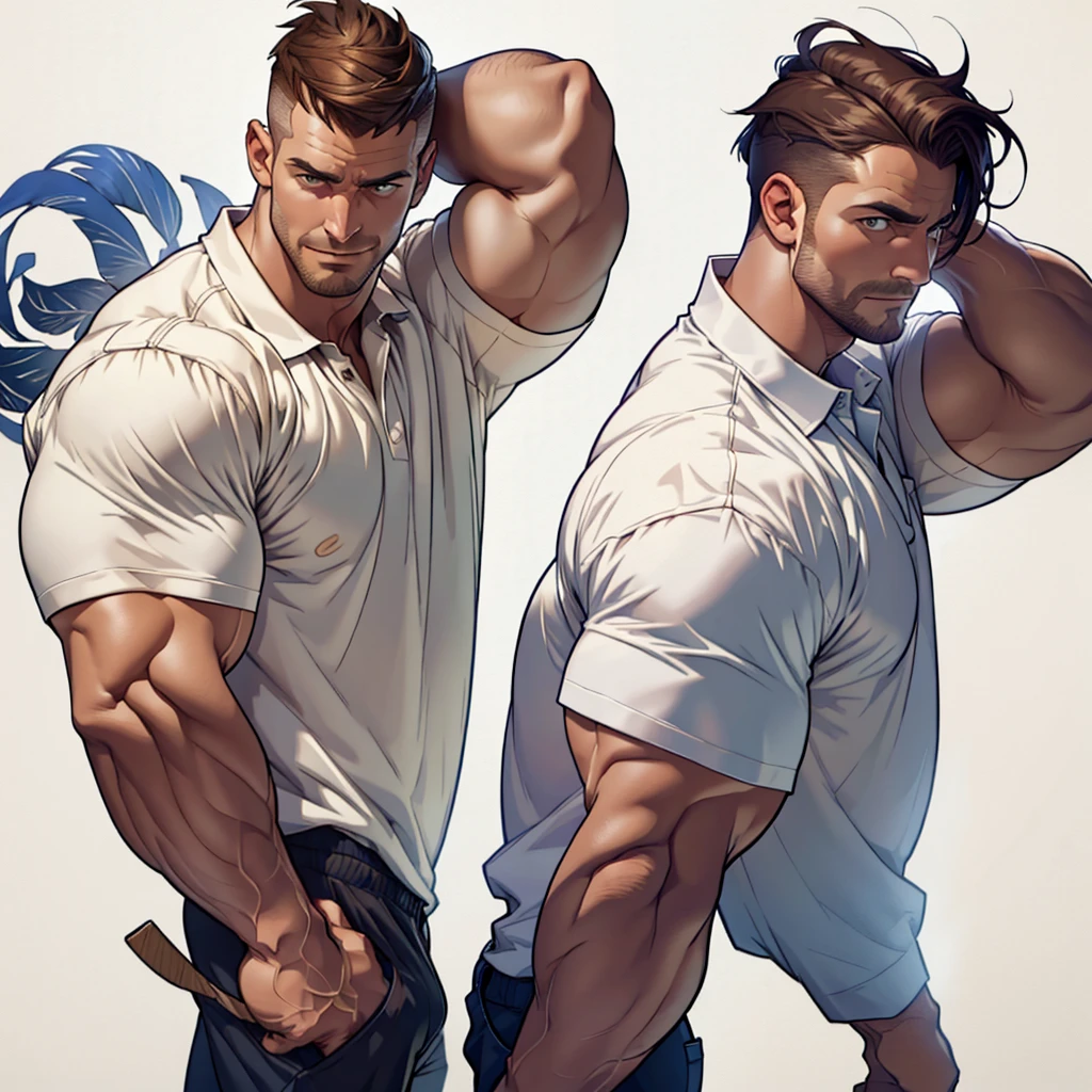 masterpiece,top-quality,((character sheets,Same character,gauges,Lateral face,soles)),environment change scene,Pose too,Hairstyle Fax,Pose ,(simple background、white backgrounid:1.3),illustratio,1 male human,Stephen AMELL,daddy hunk , handsome,thin man yet muscular Man,six pack stomack,normal Face ,Stubble,Lots of body hair,Brown hair,,Hair is thick,White polo shirt,Crisp orange boxer shorts, bulge,multi view,