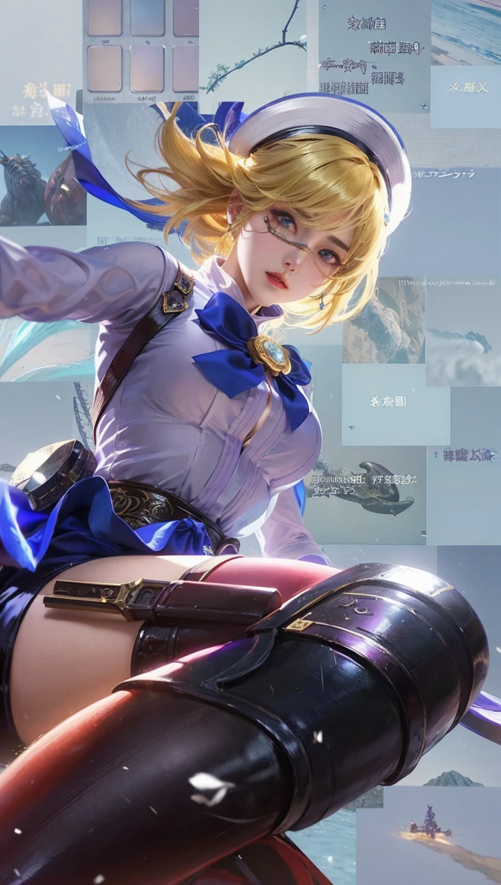 (8k, RAW photo, best quality, masterpiece: 1.2), realistic, ((photorealistic:1.7)), 1girl, glasses, hat, blonde hair, blue bow, blue ribbon, solo, sky, breasts, outdoors, beret, blue sky, weapon, day, short hair, long sleeves, looking at viewer, medium breasts, bangs, shirt, skirt, bow, realistic, ribbon, cloud, lips, white shirt, blue skirt, (blush, lovely face)