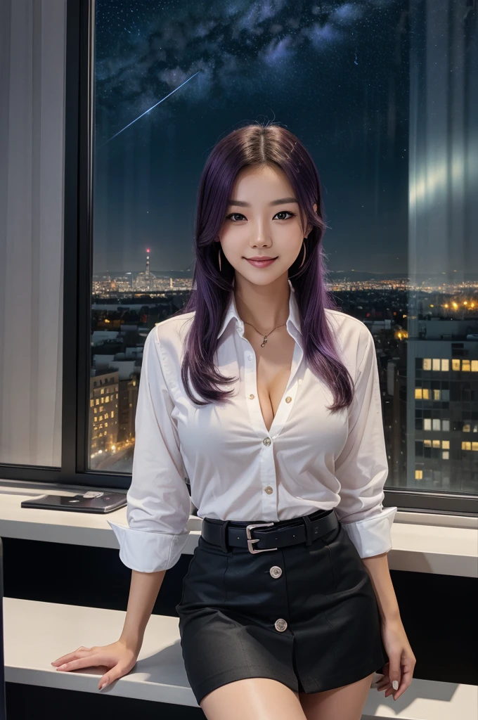 
(masterpiece), high quality, (detailed background:1.3), 1girl, solo,ChopioSungJinah, long hair, ponytail, (looking at viewer:1.3),anime_style, purple hair, purple eyes, cleavage, office, monitor, keyboard \(computer\), desk, standing, leaning against desk, window, (cityscape, starry sky:1.2), (night:1.3), (black skirt:1.2), pencil skirt, (white shirt:1.2), shirt tucked in, buttons, seductive smile, belt,