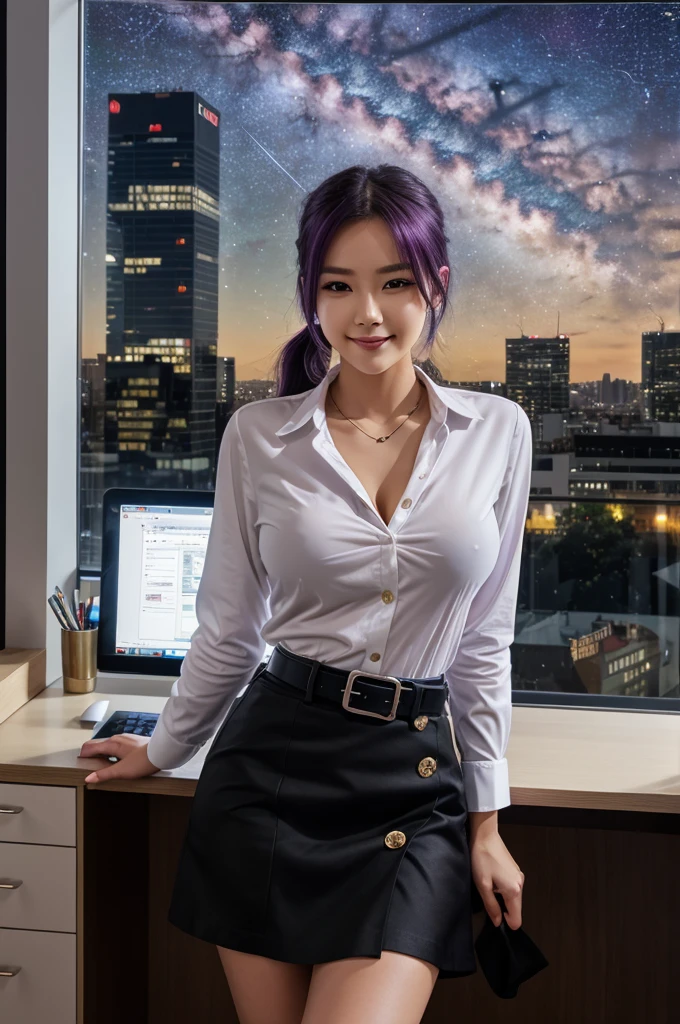 (masterpiece), high quality, (detailed background:1.3), 1girl, solo,ChopioSungJinah, long hair, ponytail, (looking at viewer:1.3),anime_style, purple hair, purple eyes, cleavage, office, monitor, keyboard \(computer\), desk, standing, leaning against desk, window, (cityscape, starry sky:1.2), (night:1.3), (black skirt:1.2), pencil skirt, (white shirt:1.2), shirt tucked in, buttons, seductive smile, belt,