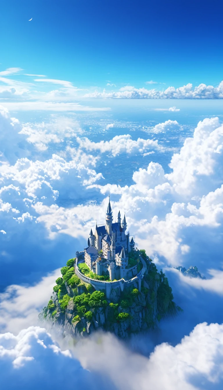 Sky-only image:1.5、Summer sky,Realistic,とてもRealistic,Attention to detail,Breathtakingly realistic,High contrast realism,High Saturation Realism,Vibrant colors,Dramatic lighting,Charming landscape,Persuasive storytelling,Atmospheric scenery,Captivating visuals,Intricate details,Strong emotions,Heavenly beauty,A dreamlike world、((Faintly visible in the distance:1.5),A castle in the sky made of a mirage floating above the clouds)、scattered clouds