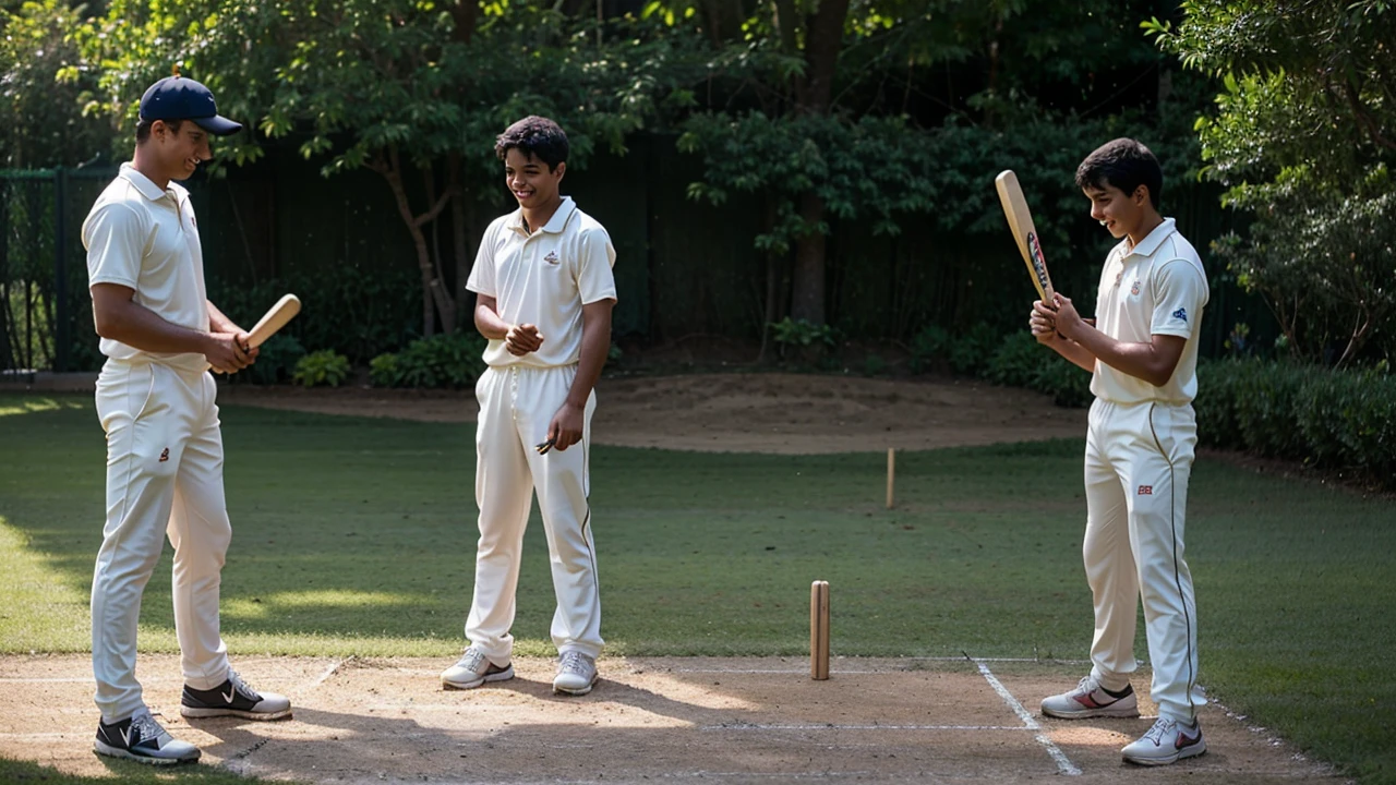 A man is seen teaching a boy how to play cricket. They are outdoors, surrounded by lush greenery and bright sunlight, suggesting a warm, pleasant day. The man is positioned closely behind the boy, guiding his hands on the cricket bat, indicating a moment of instruction and bonding. The boy is smiling, focused on the lesson, while the man appears attentive and encouraging. Describe the scene, emphasizing the relationship between the individuals, the environment, and the emotions conveyed through their interaction.