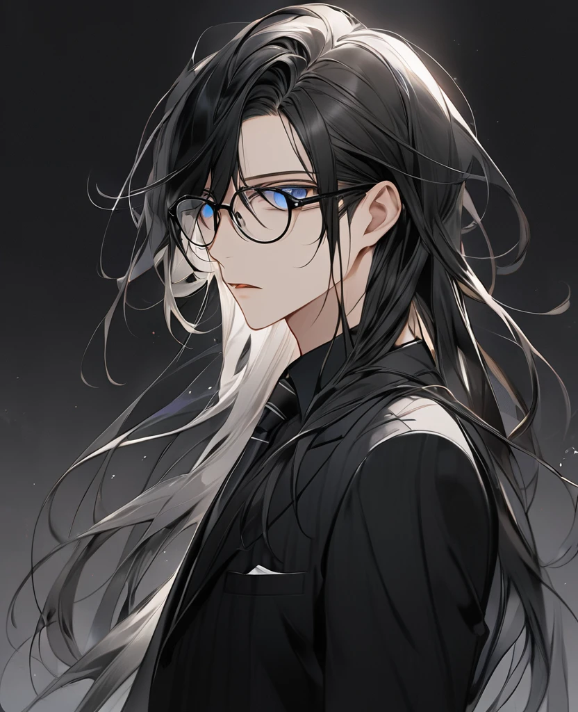 (black_hair), (dark_black_eyes), (vertical_slit_pupils), (detailed_eyes), (attractive), (emotionless), (void_space_background), (male), (wearing _a_black_suit), (long_male_hair), (detailed_Hair), (detailed), (detailed_mouth), (glasses) 