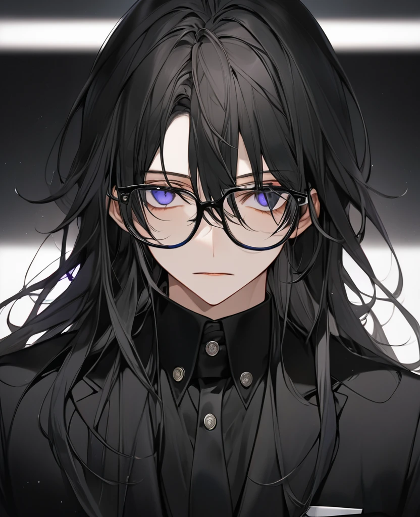 (black_hair), (dark_black_eyes), (vertical_slit_pupils), (detailed_eyes), (attractive), (emotionless), (void_space_background), (male), (wearing _a_black_suit), (long_male_hair), (detailed_Hair), (detailed), (detailed_mouth), (glasses)