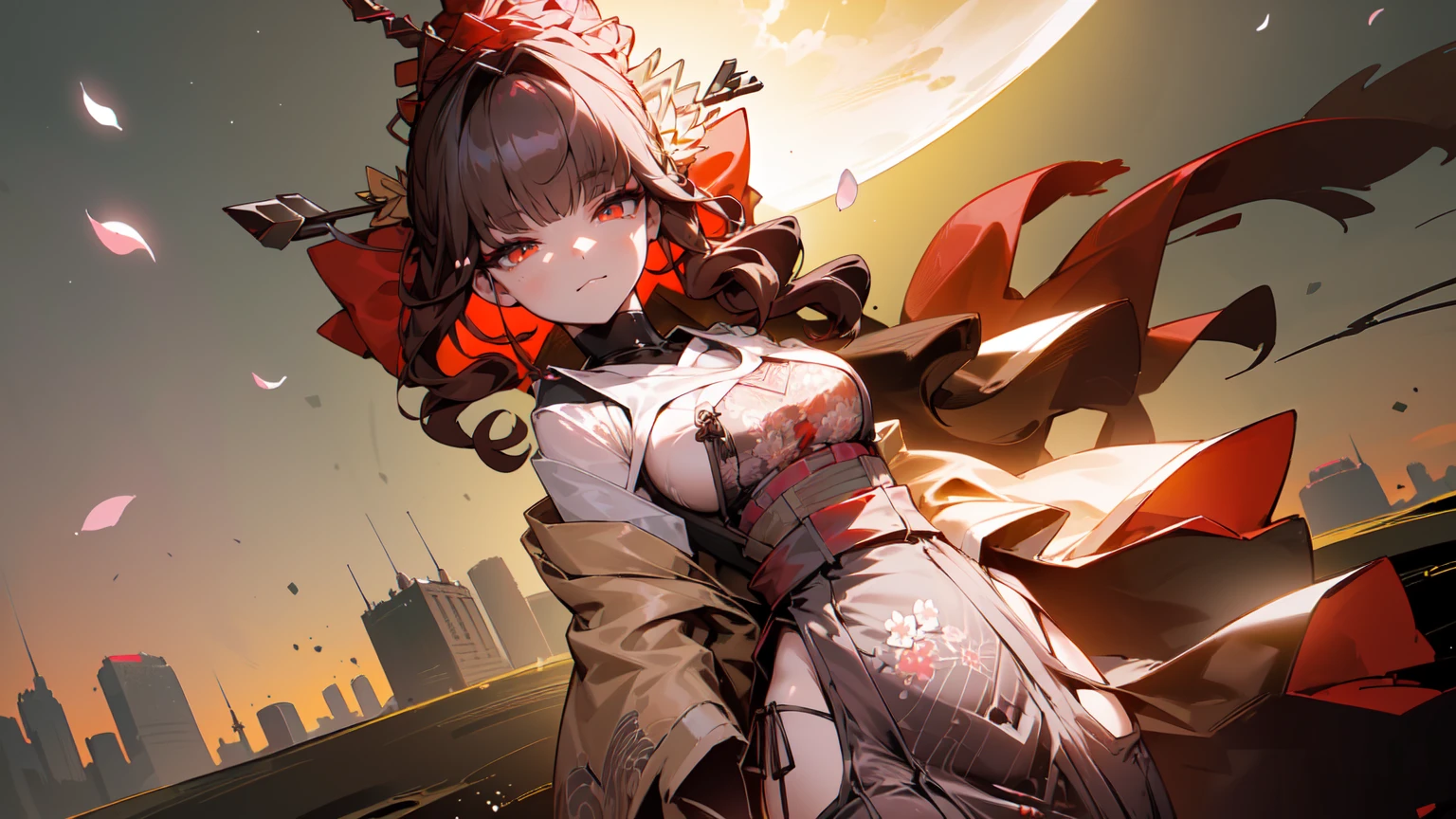 ((((Obra maestra, La mejor calidad, ultrahigh resolution)))), 1girl, standing,), ((long pure brown hair, hair over eye)), long hair cut, shiny skin, ((red eyes)), glowing_eyes, neon eyes, (ultra detailed eyes:0.7, beautiful and detailed face, detailed eyes:0.9), ((centered)), smirk, facing viewer, ((vibrant background, dark lighting, summer, sunlight)), large chested, looking at viewer, ((half closed eyes)), ((perfect hands)), (((head:1, arms, hips in view, elbows, in view))), ((hands behind back)), empty eyes, beautiful lighting, ((outside, outdoors)), defined subject, head tilt, (((gritty)), ((creepy)), ((cool)), ((beautiful)), (((SFW))), hair ornament, petals in the air, moon in the sky, city, mature woman, adult woman, sfw, pink and white dress, night dress, she is a princess, china dress