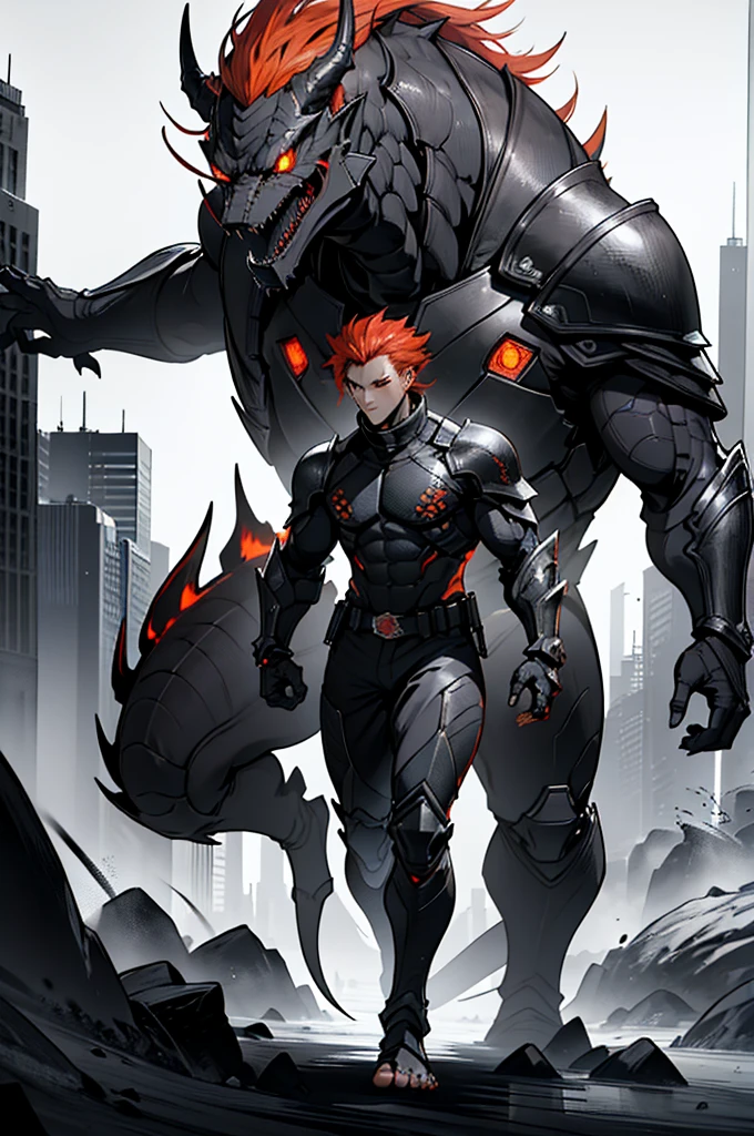 A male with red hair and his Kaiju form in his back, Masterpiece, Best quality, 8K, Detailed skin texture, obsidian-like plates that overlap like armor reptilian head, obsidian spikes running from the forehead to the back of the neck. Four glowing amber eyes, arms with massive claws and blades, feet have three large, taloned toes, A long, whip-like tail ending in a mace-like cluster of obsidian spike, orange lines and aura in between armor. HD. city background destroyed. ultra HD, masterpiece, 4k, 8k