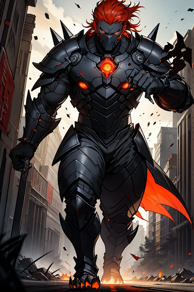 A male with red hair and his Kaiju form in his back, Masterpiece, Best quality, 8K, Detailed skin texture, obsidian-like plates that overlap like armor reptilian head, obsidian spikes running from the forehead to the back of the neck. Four glowing amber eyes, arms with massive claws and blades, feet have three large, taloned toes, A long, whip-like tail ending in a mace-like cluster of obsidian spike, orange lines and aura in between armor. HD. city background destroyed. ultra HD, masterpiece, 4k, 8k