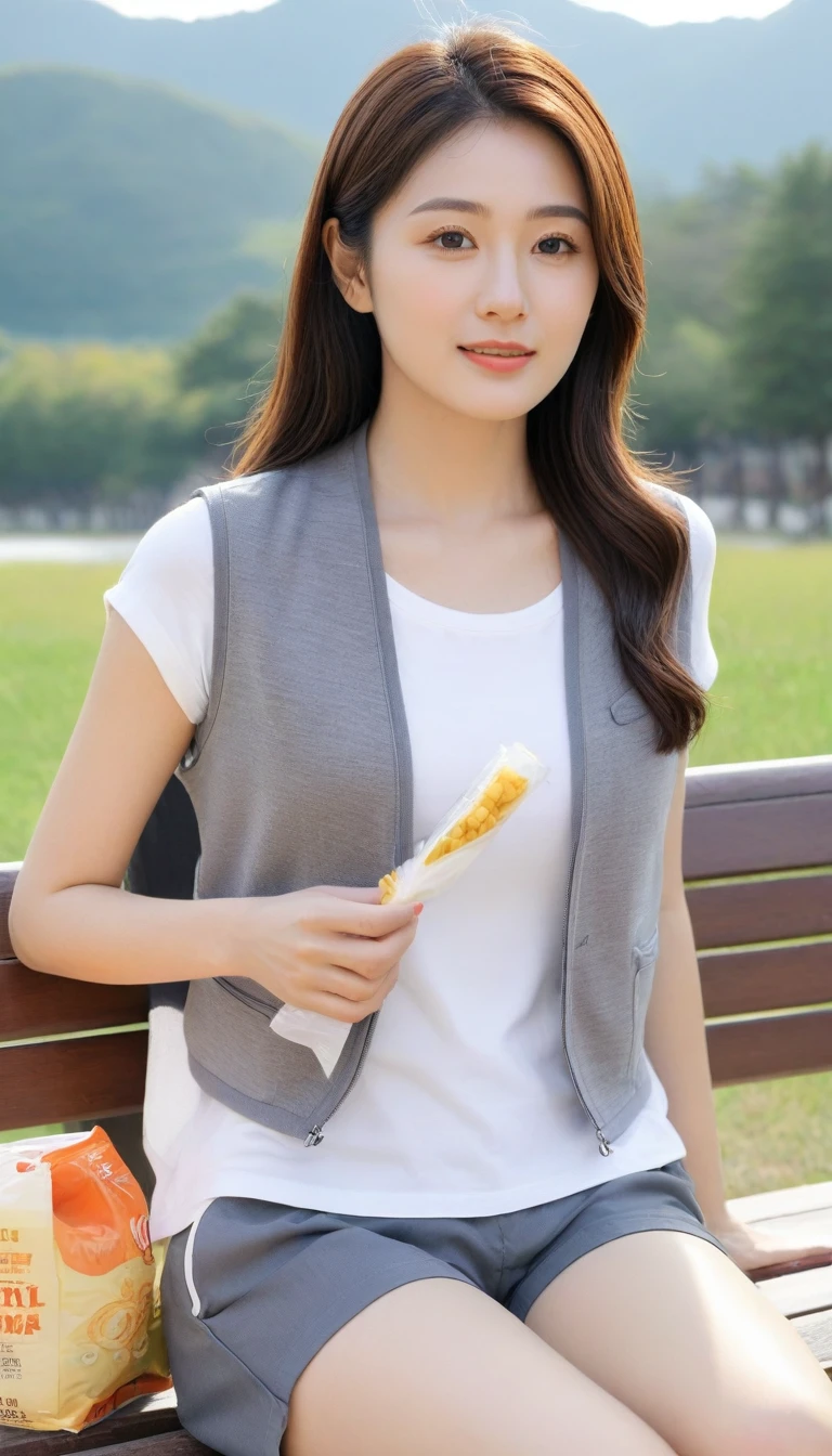 Close up of beautiful Korean woman, 34 inch chest size, Wearing a gray vest, shorts, Sit cross-legged on a bench, Holding a snack bag, Sunlight, Scenery background, Ultra HD