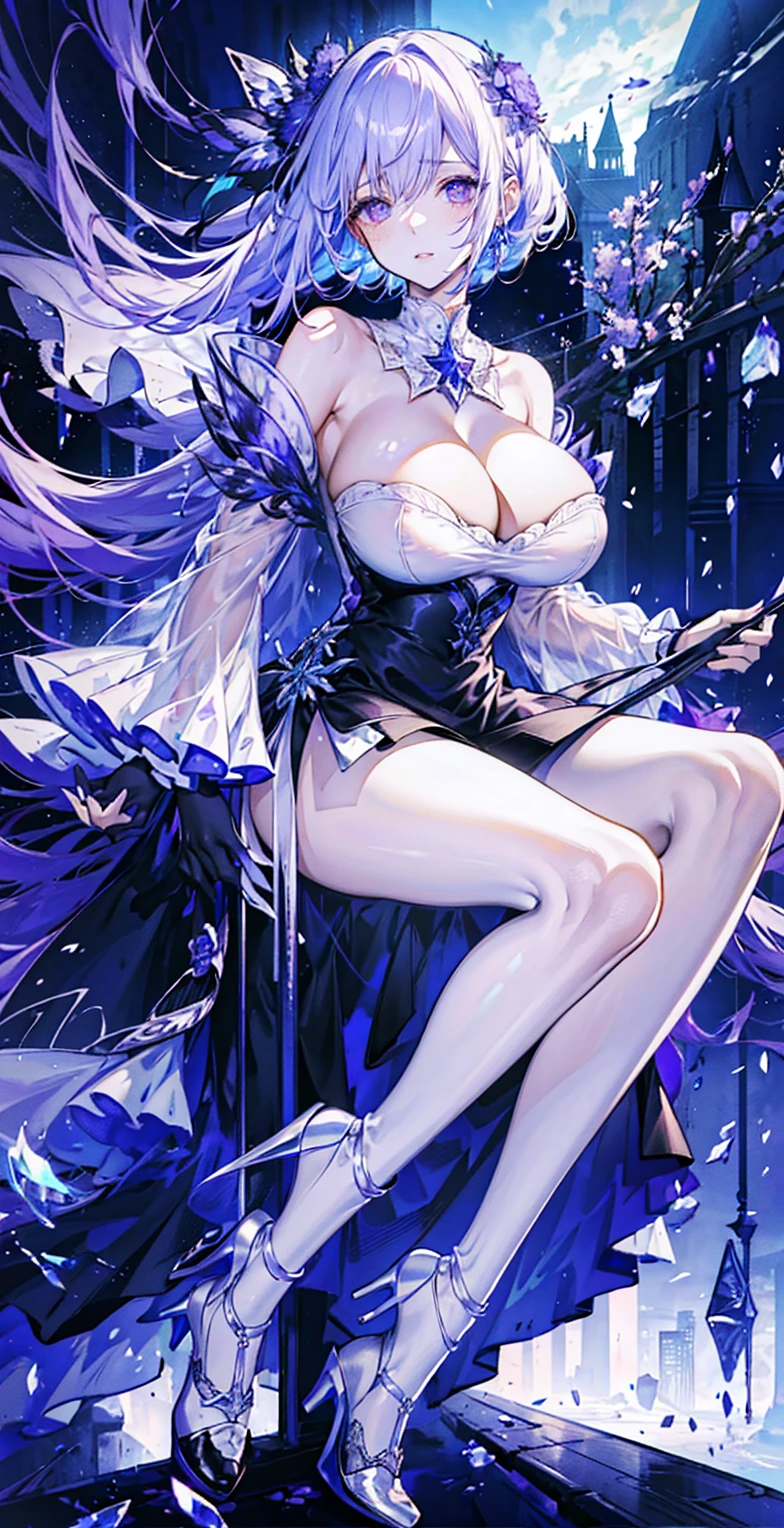 ((masterpiece:1.4,best quality)),(Super detailed),(Extremely detailed eyes),(Shiny socks:1.5),Hello Darkness
(Cute girls),,(Blood-red pupils,Diamond-shaped pupil:1.15),Purple Eyeshadow,(elongated hair,Thick hair,Single ponytail,shiny hair:1.5)(Changes through:1.2),despair,sad,Empty eyes,tears streaming down my face,tilting its head to the side,
(She wore a blue dress,:1.5),(Black gloves:1.4)Very long plush sleeves,White,White Cloud,Dream bubbles ,Ice and glitter effects
(Black long skirt:1.1),
((Starry Sky:1.2)),
(Intense black and white:1.16),(Depth of Field:1.4),,Intricate details,(((Detailed background,Castle in the Sky,Purple flowers by the lake))),(((Huge breasts,Bare breasts,Deep cleavage,White stiletto high heels,Transparent clothes)))