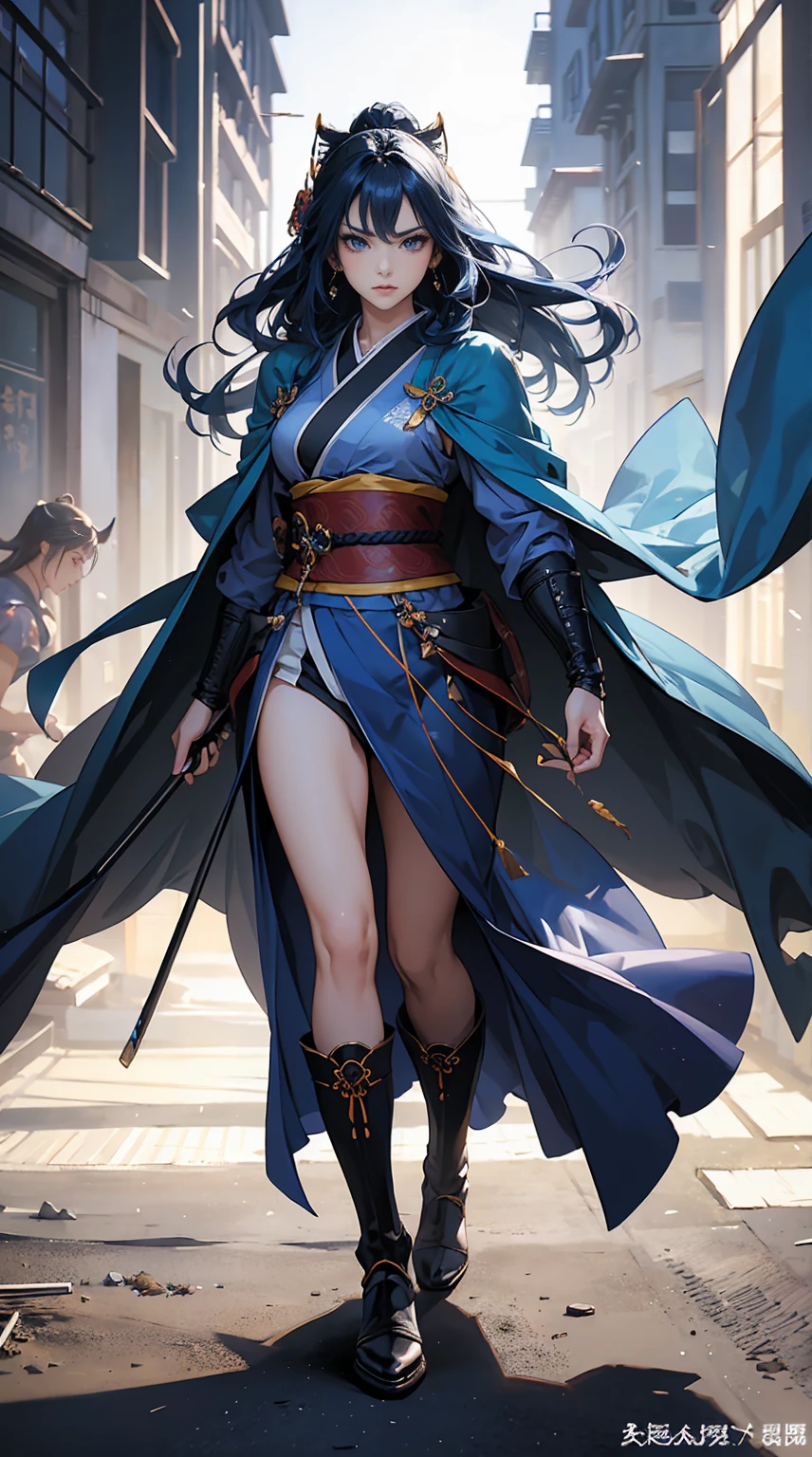 Highest quality、masterpiece、8K、Realistic、超High resolution、Very delicate and beautiful、High resolution、Fantasy、Muscle Girl、Perfect female body、Neutral women、Blue Hair、Toned body、Cape、kimono、boots、cigarette、Wild Pose、Full body emphasis、Simple Background、Angry、samurai、Iai