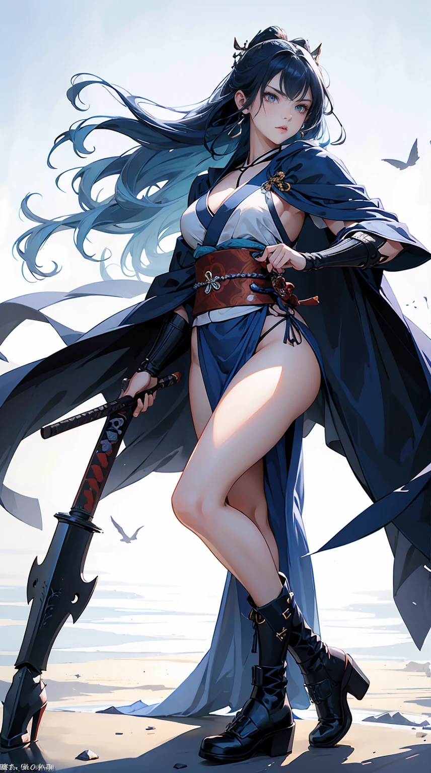 Highest quality、masterpiece、8K、Realistic、超High resolution、Very delicate and beautiful、High resolution、Fantasy、Muscle Girl、Perfect female body、Neutral women、Blue Hair、Toned body、Cape、kimono、boots、cigarette、Wild Pose、Full body emphasis、Simple Background、Angry、samurai、Iai