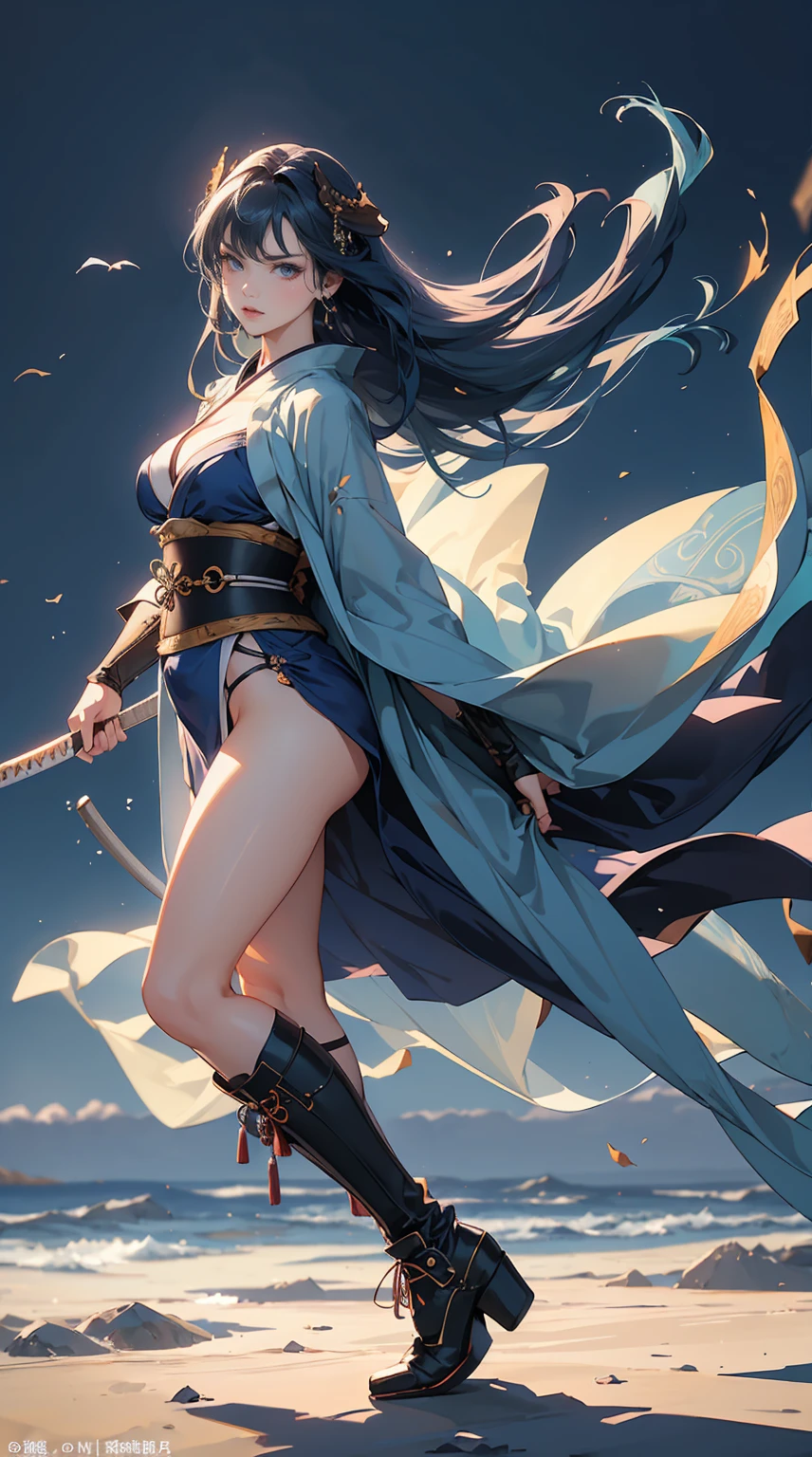 Highest quality、masterpiece、8K、Realistic、超High resolution、Very delicate and beautiful、High resolution、Fantasy、Muscle Girl、Perfect female body、Neutral women、Blue Hair、Toned body、Cape、kimono、Wild Pose、Full body emphasis、Simple Background、Angry、samurai、Iai