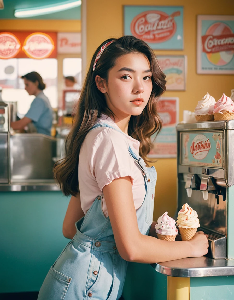 Portrait MagMix Girl look at camera, long hair, Overalls, Retro ice cream parlor with pastel-colored walls, a classic soda fountain counter, and vintage ice cream posters, bathed in warm sunlight, analog film photo, Kodachrome.