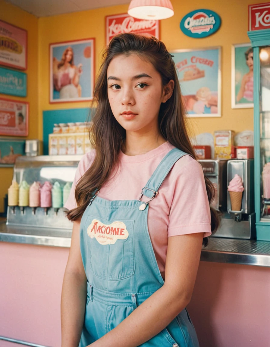 Portrait MagMix Girl look at camera, long hair, Overalls, Retro ice cream parlor with pastel-colored walls, a classic soda fountain counter, and vintage ice cream posters, bathed in warm sunlight, analog film photo, Kodachrome.