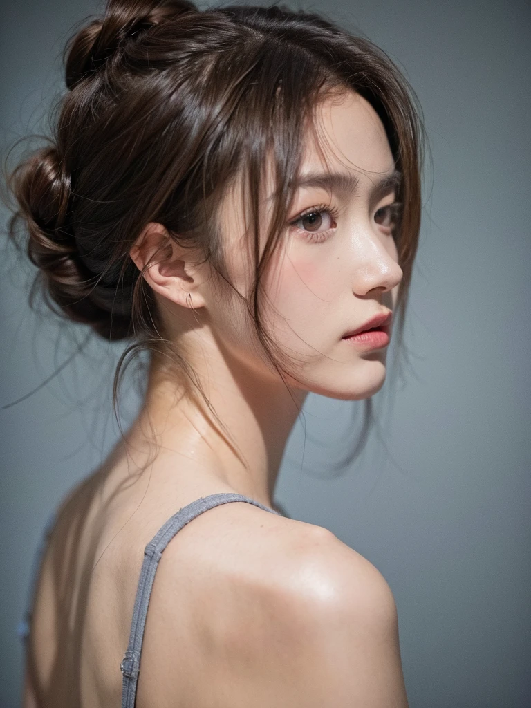 portrait, 1 girl, Half bun, Squinting, masterpiece, best quality, 8K, Edit photos, Felix Englund Style, Realistic skin texture