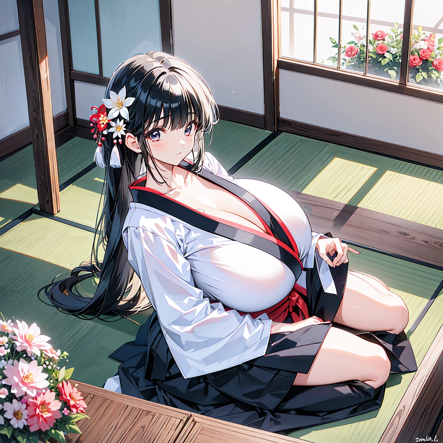 Japanese girl　Black hair gigantic breasts
(Flower)(Flower Arrangement Club)（Flower Arrangement）a woman sitting in a chair wearing a kimono, with her hand resting on top of her pants, 1girl, solo, japanese clothes, long hair, sitting, black hair, hakama, skirt, looking at viewer, hakama skirt, blush, white kimono, bangs, kimono, closed mouth, black hakama, seiza, long sleeves, breasts,kendo hall, wood floor, ,big breasts, huge breasts, gigantic breasts,flower arrangement,big breasts, huge breasts, gigantic breasts