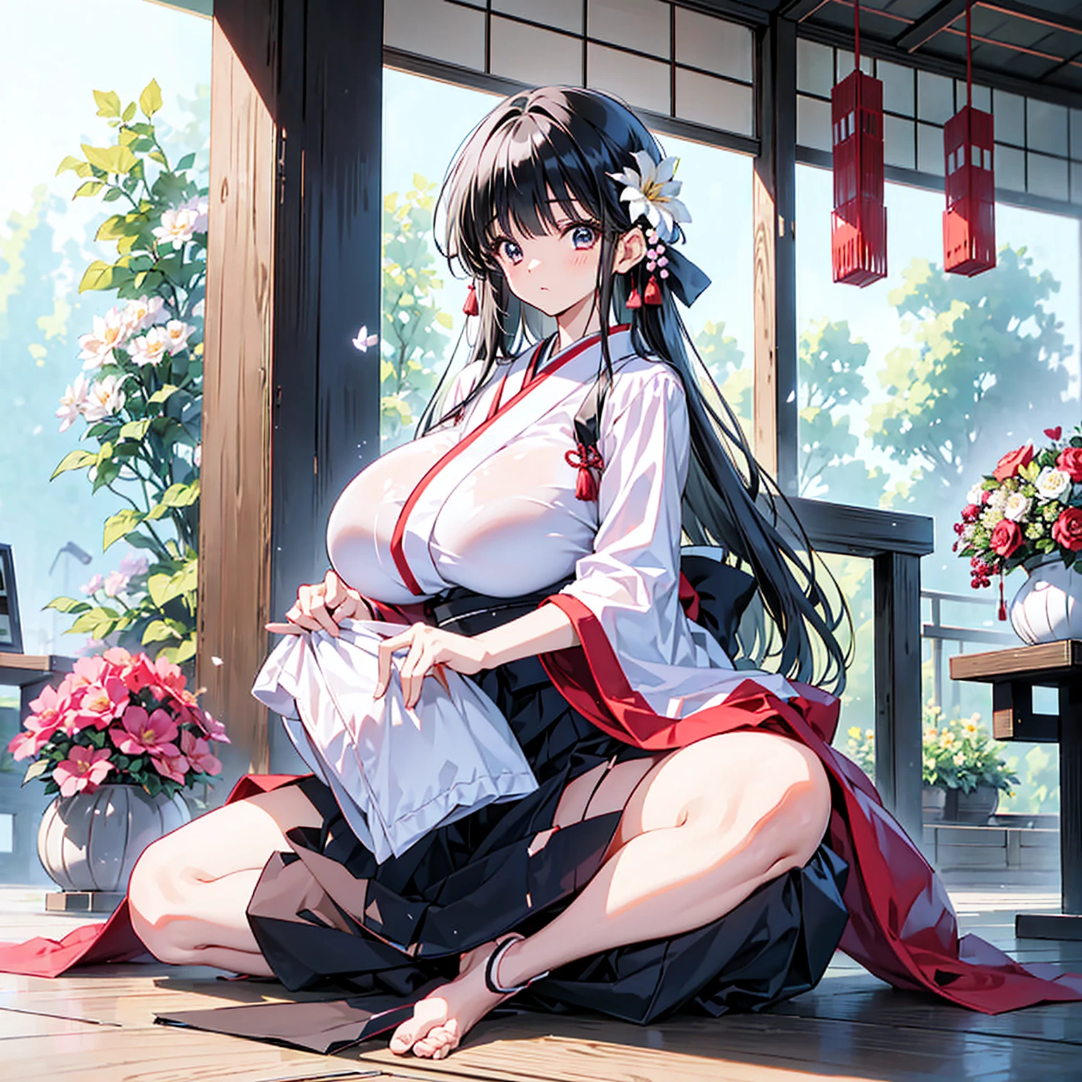 Japanese girl　Black hair gigantic breasts
(Flower)(Flower Arrangement Club)（Flower Arrangement）a woman sitting in a chair wearing a kimono, with her hand resting on top of her pants, 1girl, solo, japanese clothes, long hair, sitting, black hair, hakama, skirt, looking at viewer, hakama skirt, blush, white kimono, bangs, kimono, closed mouth, black hakama, seiza, long sleeves, breasts,kendo hall, wood floor, ,big breasts, huge breasts, gigantic breasts,flower arrangement,big breasts, huge breasts, gigantic breasts