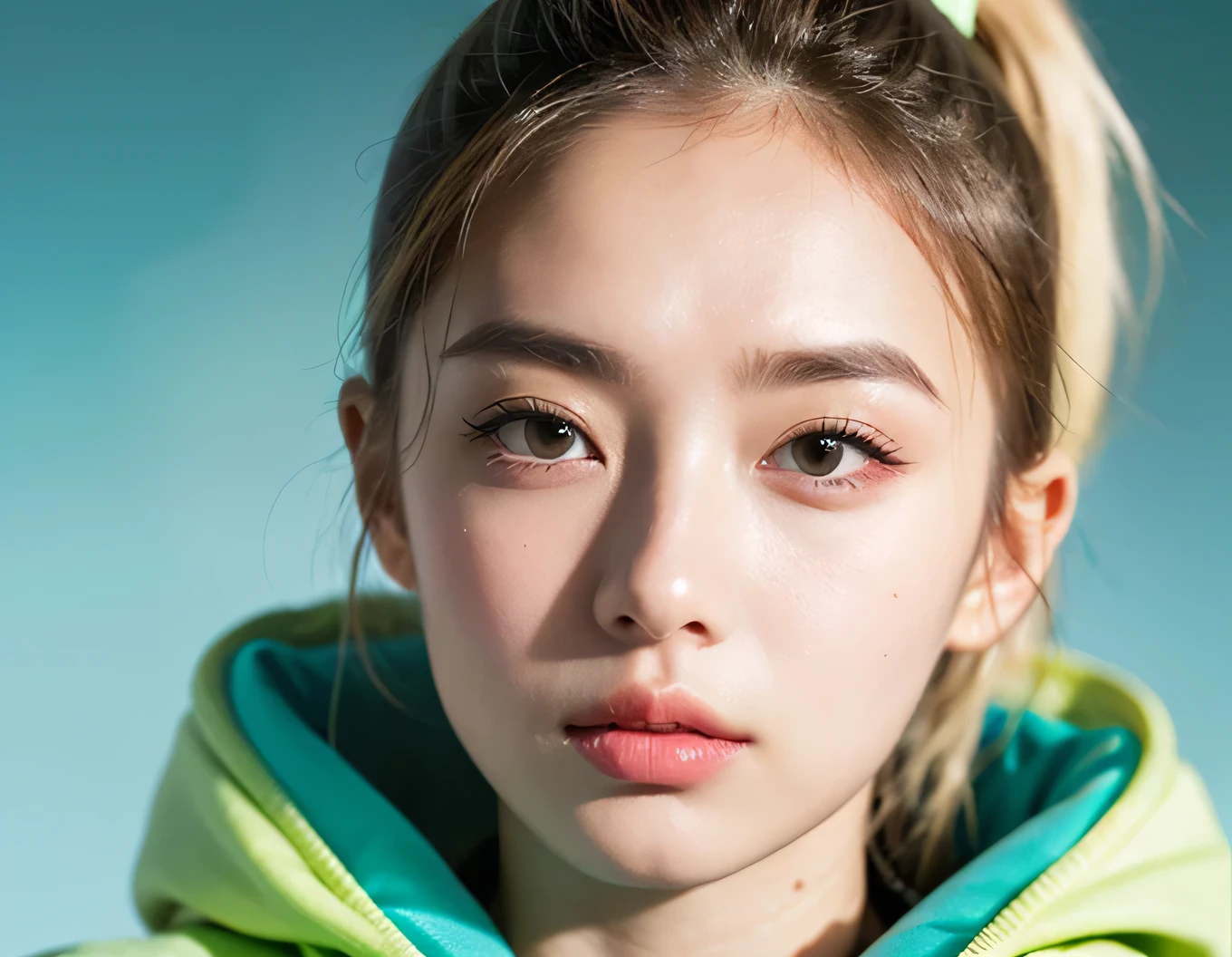 Hyperrealistic characters. 22 year old woman, sharp nose, beautiful and looks dignified, white skin, big breasts, blonde hair (((Ponytail hairstyle))), and wearing a pink hooded jacket. body position facing the camera with hands in a ready position, facial details (((details of a sharp nose, small eyes, natural eyebrows, mouth))), the distance between the eyebrows and eyes is far, green to blue gradient background. lipgloss, eyelashes, shiny face, shiny skin, top quality, ultra highres, depth of field, chromatic aberration, caustics, Broad lighting, natural shadows, High quality photo, UHD, 16K, 1 girl, 3D, Cartoon rendering shown from hair to hips, cleavage