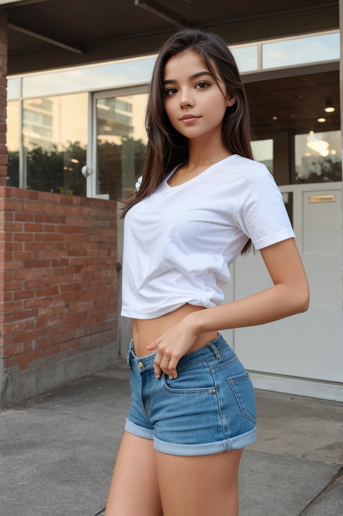 Create an image of a cute girl in very short clothes