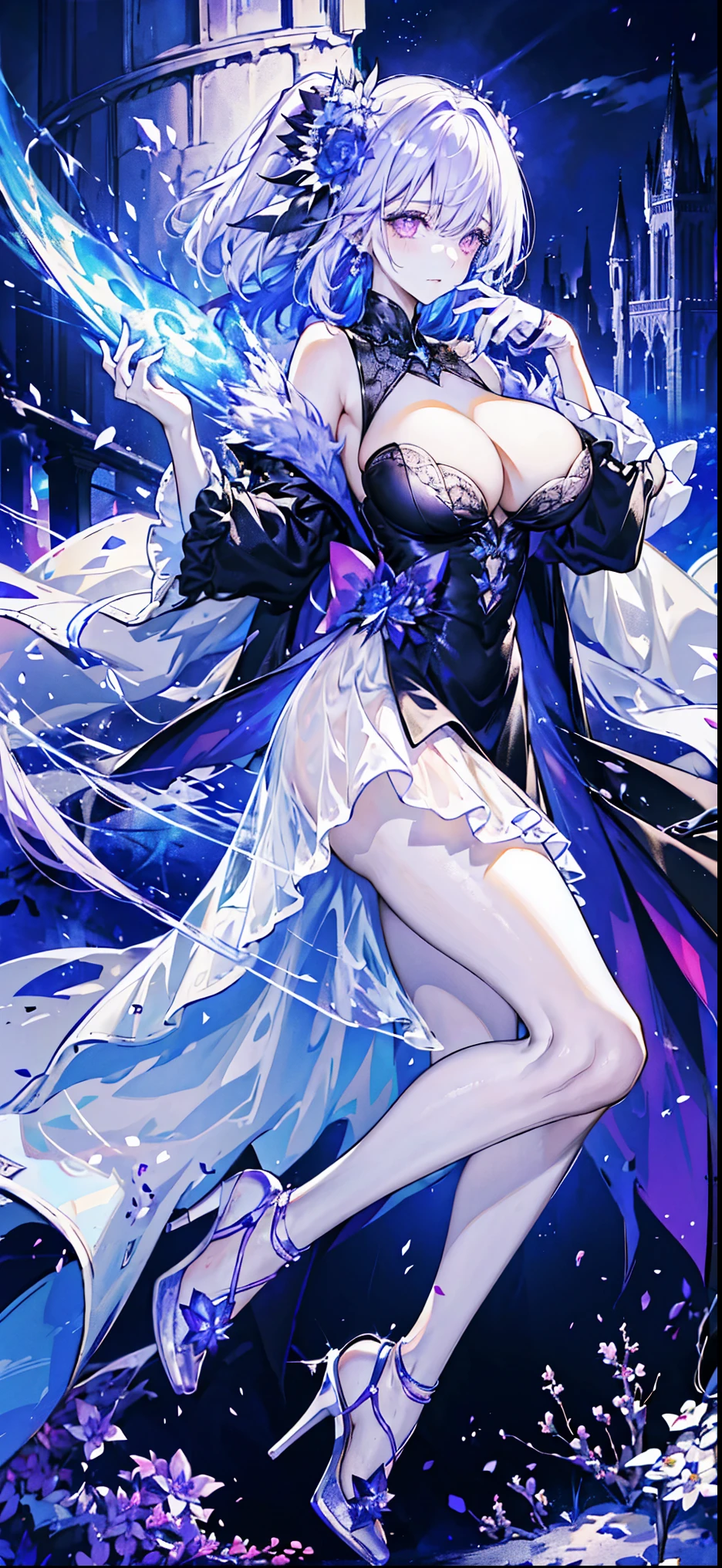 ((masterpiece:1.4,best quality)),(Super detailed),(Extremely detailed eyes),(Shiny socks:1.5),Hello Darkness
(Cute girls),,(Blood-red pupils,Diamond-shaped pupil:1.15),Purple Eyeshadow,(elongated hair,Thick hair,Single ponytail,shiny hair:1.5)(Changes through:1.2),despair,sad,Empty eyes,tears streaming down my face,tilting its head to the side,
(She wore a blue dress,:1.5),(Black gloves:1.4)Very long plush sleeves,White,White Cloud,Dream bubbles ,Ice and glitter effects
(Black long skirt:1.1),
((Starry Sky:1.2)),
(Intense black and white:1.16),(Depth of Field:1.4),,Intricate details,(((Detailed background,Castle in the Sky,Purple flowers by the lake))),(((Huge breasts,Bare breasts,Deep cleavage,White stiletto high heels,Transparent clothes)))