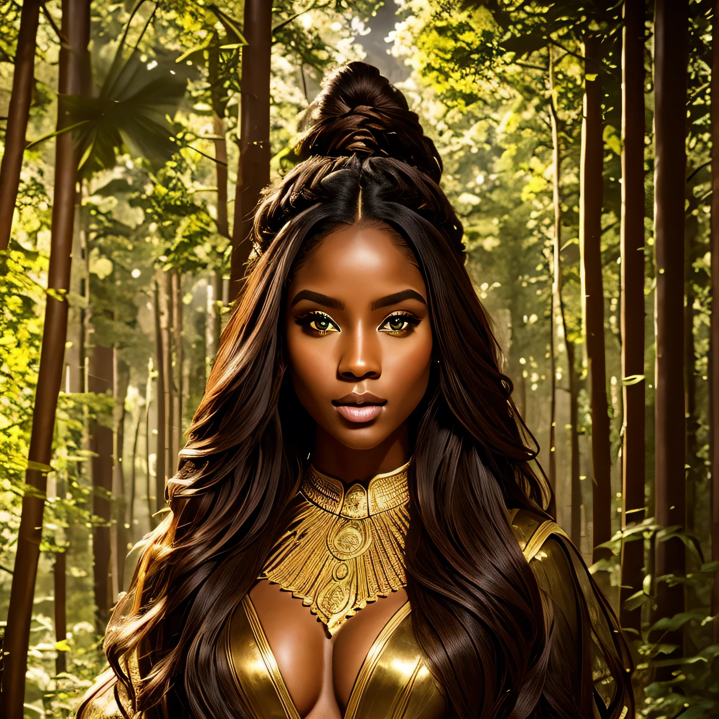 Dark skin, detailed beautiful young woman, reddish golden brown hair, long, wavy and messy hair, Perfect and detailed green eyes., delicate realistic and beautiful symmetrical face, (magic forest background), ranger suit with leather armor, combine, wildflowers mixed with hair, whole body, Masterpiece, absurdities,good detail, rich colors, dramatic lighting, extremely detailed, cinematic lighting
