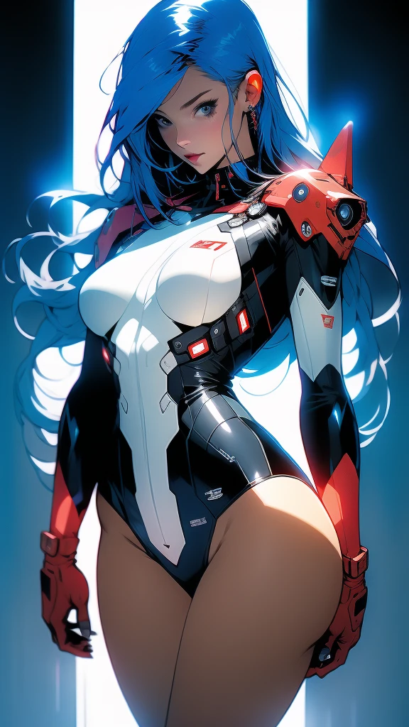((Best quality)), ((masterpiece)), (detailed: 1.4), (Absurd), Caucasian female fighter pilot ready for war, front walking, Captain Briton's costume from Marvel comics, serrilhara armor with opening in the front, muscular sculptural body defined, half thick naked thighs, closed mouth, only in panties, muscular body covered by technological clothing, Neon Genesis Evangelion style, cyberpunk, generous neckline, ((perfect large breasts)), (blue eyes without pupils), ((very dark white and blue clothing, red and white)), (((misaligned cyberpunk hair equal to cyberpunk's Lucy: mercenaries)))), (thin white stripes left blue covering the breasts), (red and white stripes on the arms), ((lightning ray drawings on the arms)), long manga-style eyelashes, short underwear, garter belt, by mucha, niji --V5, close to real, psychopathic, crazy face, sexy pose, background with a giant Gundam style robot head, 2 piece clothing, shoulder pads with airplane wings on the back, pastel, centered, scale to fit dimensions, HDR (High Dynamic Range),Ray Tracing,NVIDIA RTX,Super-Resolution,Unreal 5,Subsurface dispersion, PBR texture, Post-processing, Anisotropic filtering, Depth of field, Maximum clarity and sharpness, Multilayer textures, Albedo and specular maps, Surface shading, Accurate simulation of light-material interaction, Perfect proportions, Octane Render, Two-tone lighting, Wide aperture, Low ISO, White balance, Rule of thirds, 8K RAW, crysisnanosuit