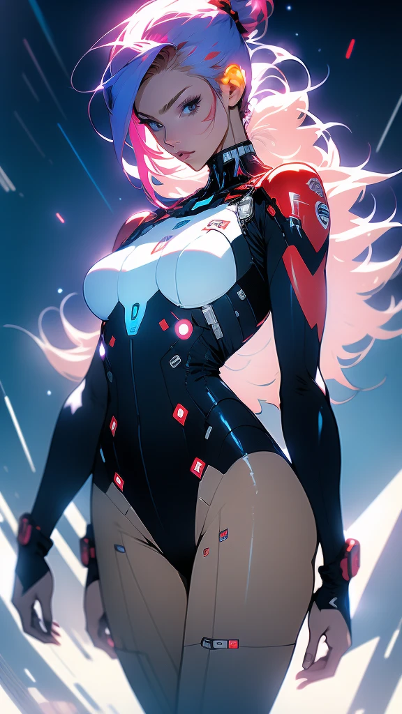 ((Best quality)), ((masterpiece)), (detailed: 1.4), (Absurd), Caucasian female fighter pilot ready for war, front walking, Captain Briton's costume from Marvel comics, serrilhara armor with opening in the front, muscular sculptural body defined, half thick naked thighs, closed mouth, only in panties, muscular body covered by technological clothing, Neon Genesis Evangelion style, cyberpunk, generous neckline,  ((perfect large breasts)), (blue eyes without pupils), ((very dark white and blue clothing, red and white)), (((misaligned cyberpunk hair equal to cyberpunk's Lucy: mercenaries)))), (thin white stripes left blue covering the breasts), (red and white stripes on the arms), ((lightning ray drawings on the arms)), long manga-style eyelashes, short underwear, garter belt, by mucha, niji --V5,  close to real, psychopathic, crazy face, sexy pose, background with a giant Gundam style robot head, 2 piece clothing, shoulder pads with airplane wings on the back, pastel, centered, scale to fit dimensions, HDR (High Dynamic Range),Ray Tracing,NVIDIA RTX,Super-Resolution,Unreal 5,Subsurface dispersion, PBR texture, Post-processing, Anisotropic filtering, Depth of field,  Maximum clarity and sharpness, Multilayer textures, Albedo and specular maps, Surface shading, Accurate simulation of light-material interaction, Perfect proportions, Octane Render, Two-tone lighting, Wide aperture, Low ISO, White balance, Rule of thirds, 8K RAW, crysisnanosuit