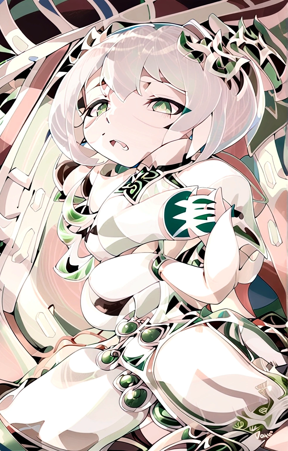depict an anime girl wearing a green dress and short skirt with white hair with green eyes on a bed who is waking up, is yawning and raising 1 hand, blinked one eye, with her legs slightly apart