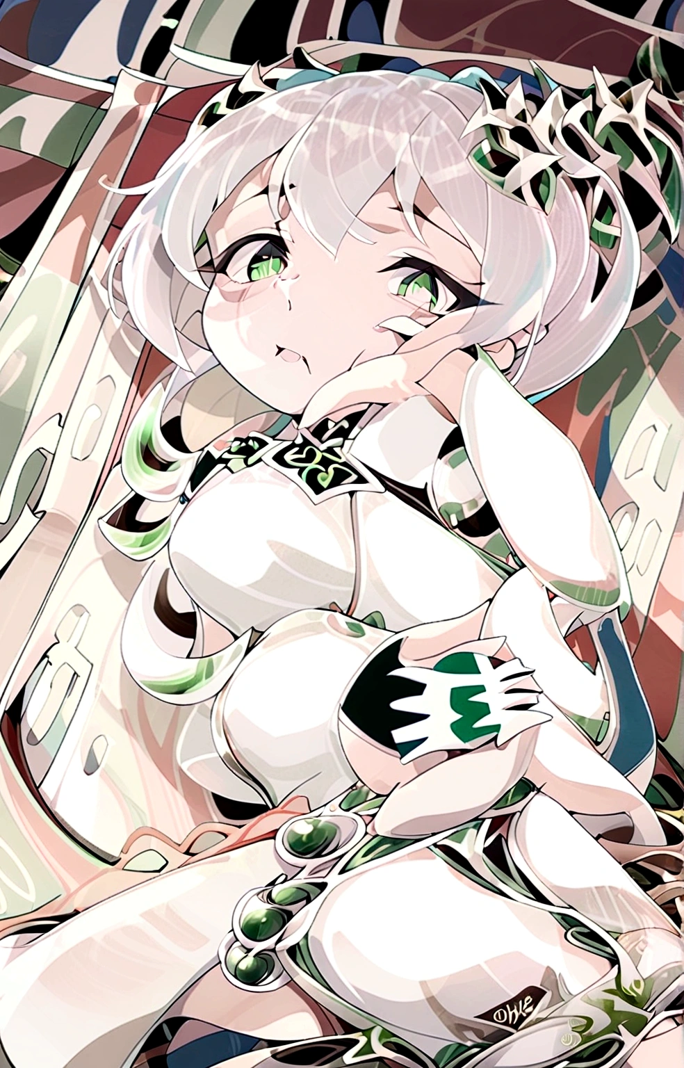 depict an anime girl wearing a green dress and short skirt with white hair with green eyes on a bed who is waking up, is yawning and raising 1 hand, blinked one eye, with her legs slightly apart