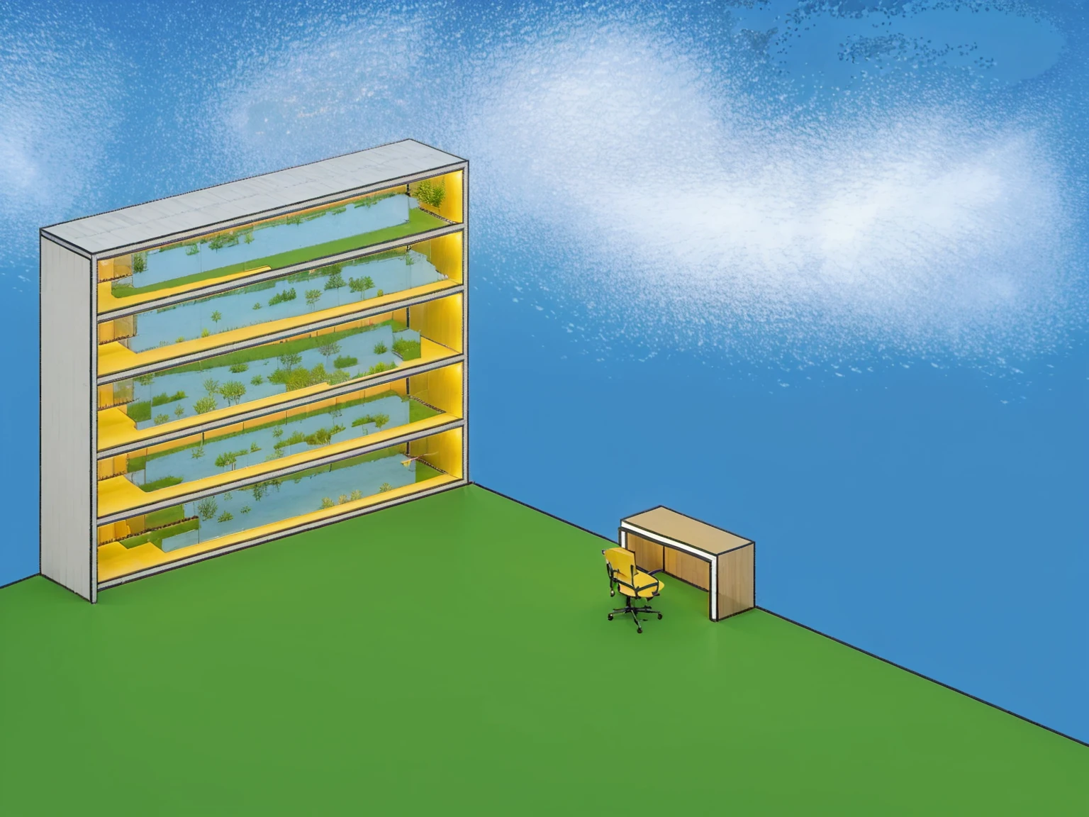 (masterpiece),(best quality:1.5), (ultra highres:1.5),Cuboid building、Bright night sky、Lawn chair and desk、5 floors、A building with only glass on the front and concrete on the rest、A giant sits on a building、People in the building々is coming and going、There are tables, offices, chairs, etc. inside the building.々The furniture is arranged、Shining stars and moon in the sky、People in a building through glass々is visible through