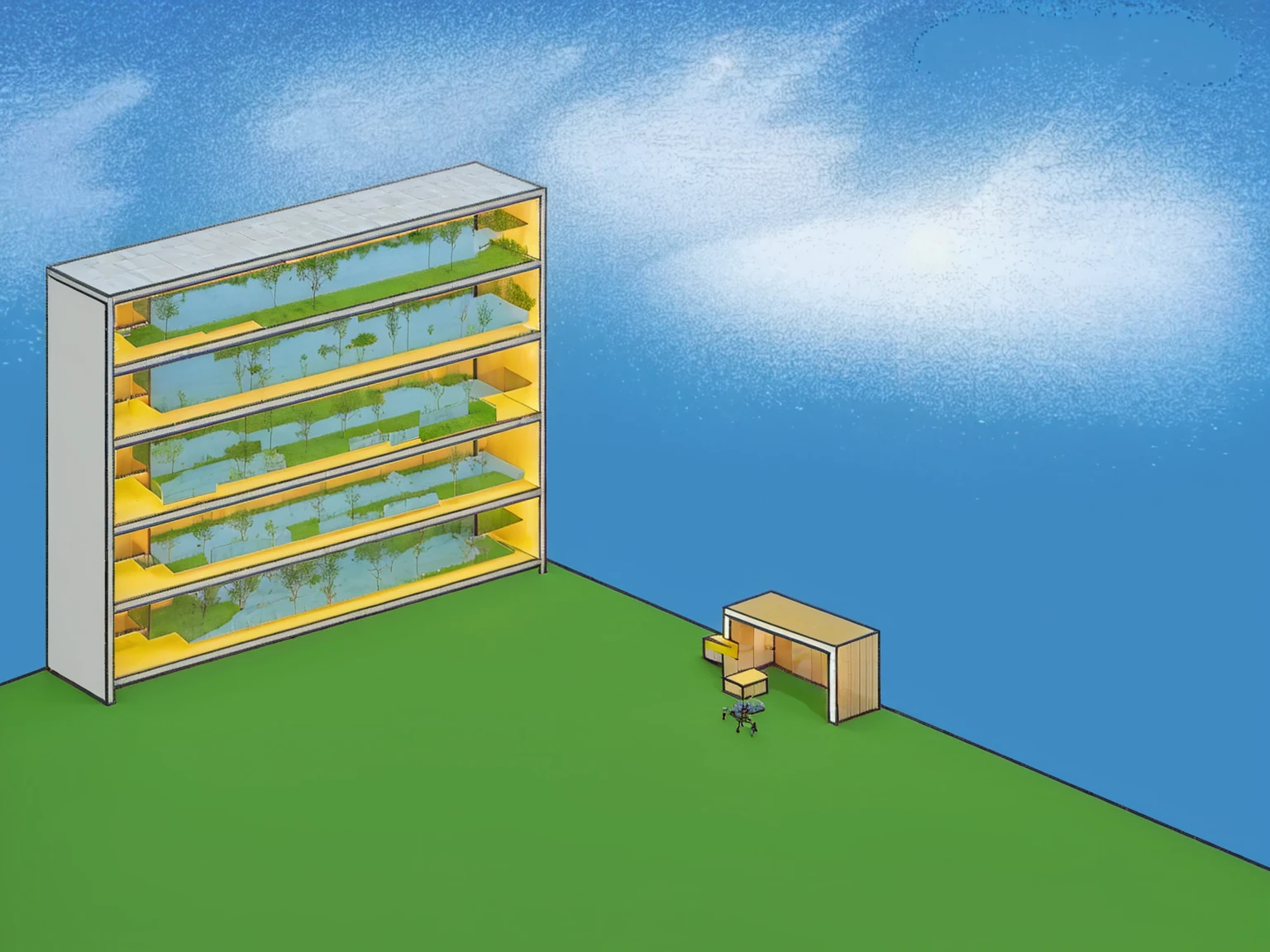 (masterpiece),(best quality:1.5), (ultra highres:1.5),Cuboid building、Bright night sky、Lawn chair and desk、5 floors、A building with only glass on the front and concrete on the rest、A giant sits on a building、People in the building々is coming and going、There are tables, offices, chairs, etc. inside the building.々The furniture is arranged、Shining stars and moon in the sky、People in a building through glass々is visible through