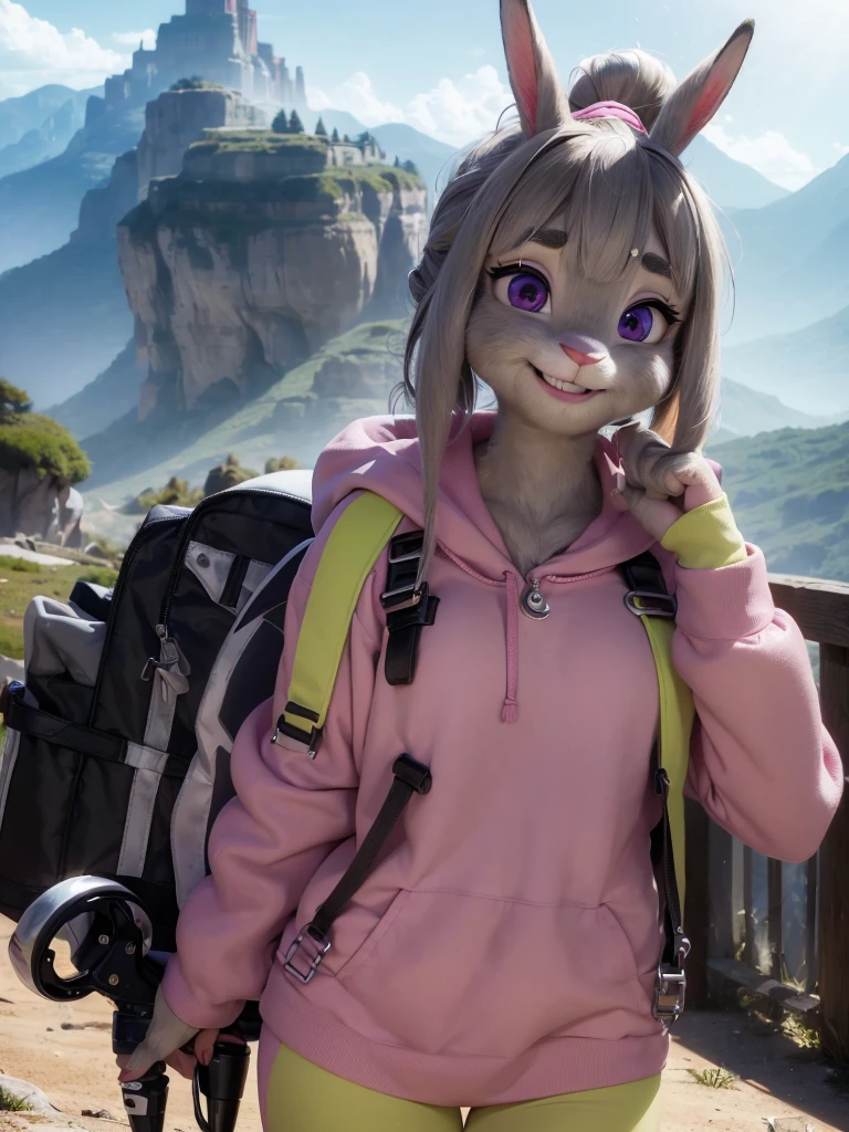 Highest quality,
masterpiece,
Ultra-realistic,
Super detailed,
Beautiful details,
4K,8K,upper,
pixar,
Photo realistic,
Medium Shot,
Background is ((mountain)),
Realistic lighting,
((looking at the camera)),
hiking lady,
((Anthropomorphic rabbit)),
Detailed animals,
Complex patterns,
(Furry:1.35),
(All skin is grey:1.35),
(The body is fluffy and bushy:1.1),
Realistic fur,
Human hand,
(Judy Hopps face:1.3),
((ponytail hairstyle)),
((side part bangs)), bangs,
((dark gray hair color)),
Purple eyes,
{Eye highlights, Clear eyes, Eyes sparkling, Large, round pupils},
Detailed Iris,
(Eyebrows raised:1.2),
(Crescent eyebrows:1.3),
(Bunny ears:1.3),
(((exciting smile))),
round face,
raised corners of mouth,
The woman is wearing fleece jacket,
The woman is wearing trekking bottoms,
((pink fleece jacket)),
((Black bottoms)),
carry a backpack,
(alone:1.5),
(1 Female:1.5),
Only 1 character,
Perfect Anatomy,
Lighting forward,
Lighting front,
sunlight,
Intricate details,
Ray Tracing,
Realistic,