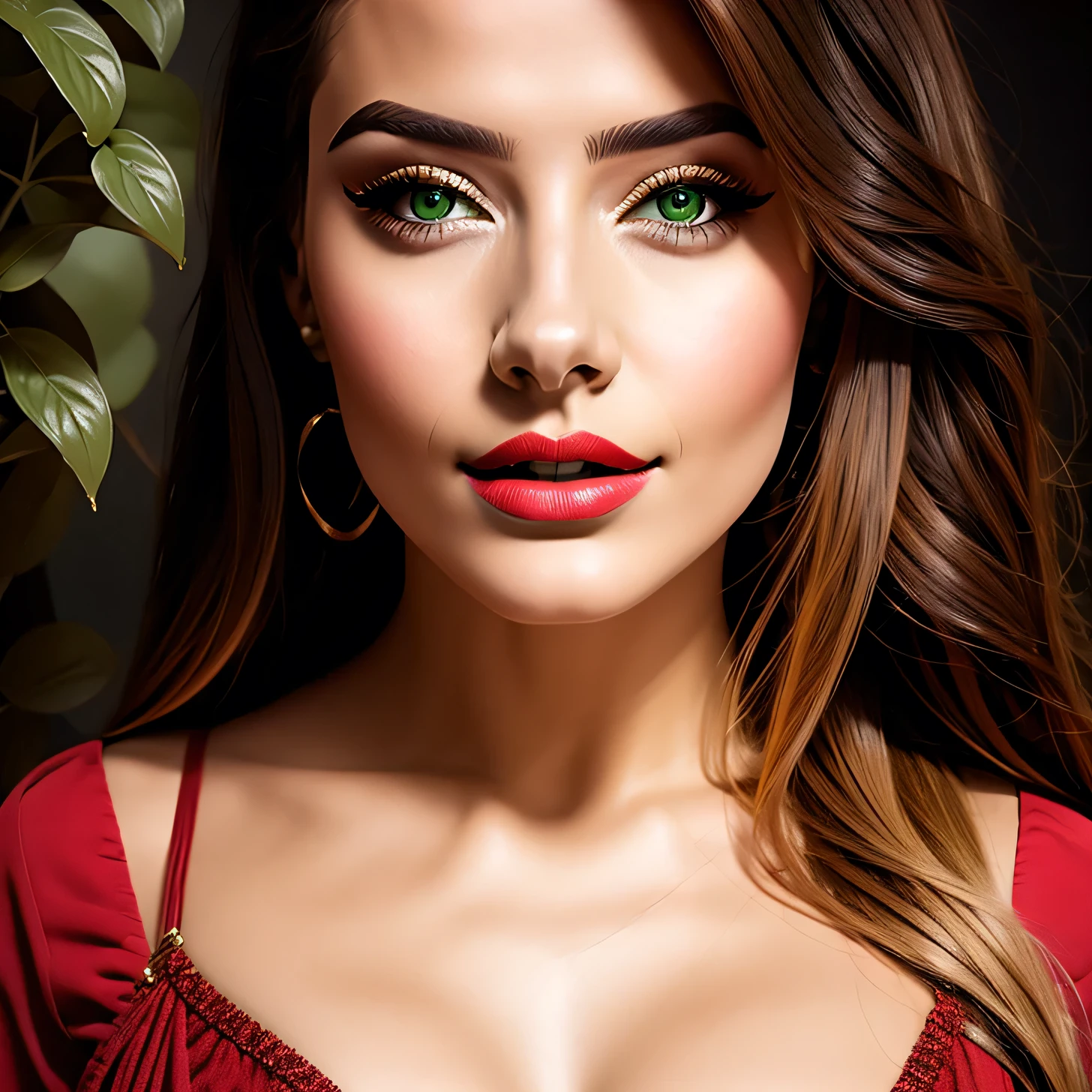 Portrait of a beautiful ager, small breasts, intricate dress, soft smile, Red lips, redhead, green eyes, realism, digital paint, conceptual art, seeds, sharp focus, rule of thirds, Psycho-Style