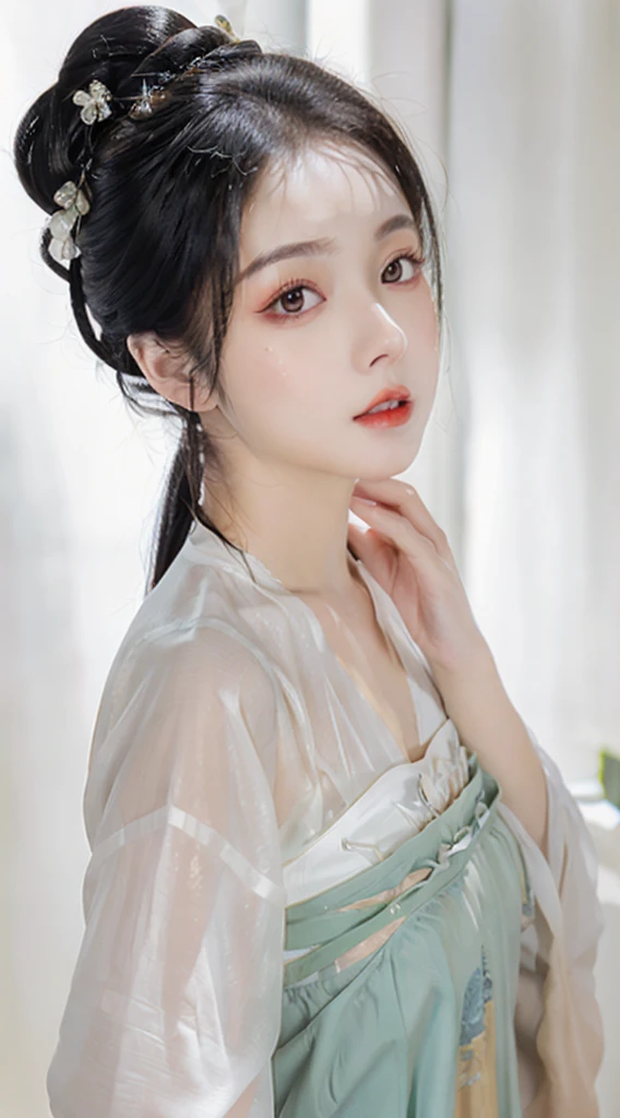 masterpiece, best picture quality, Extreme details, ultra high resolution, ultra high definition, Beautiful girl, woman, shiny skin, thin, black hair, short ponytail, 1, big eyes, beautiful eyes, lipstick, Exquisite facial features, bust, look at the viewer, t-shirt, single tone background, White background, soft light