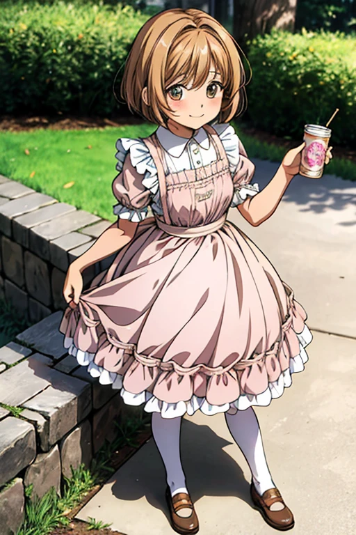 anime,cute, Large parks,A magical girl drinking a can of beverage,6 year old girl,Short Bob Hair,Brown Hair,Pink Ruffle Apron Dress,Wear a petticoat,Wear knee-high socks,Your eyes are shining,Happy expression,Full body portrait,Beautiful background,High resolution backgrounds