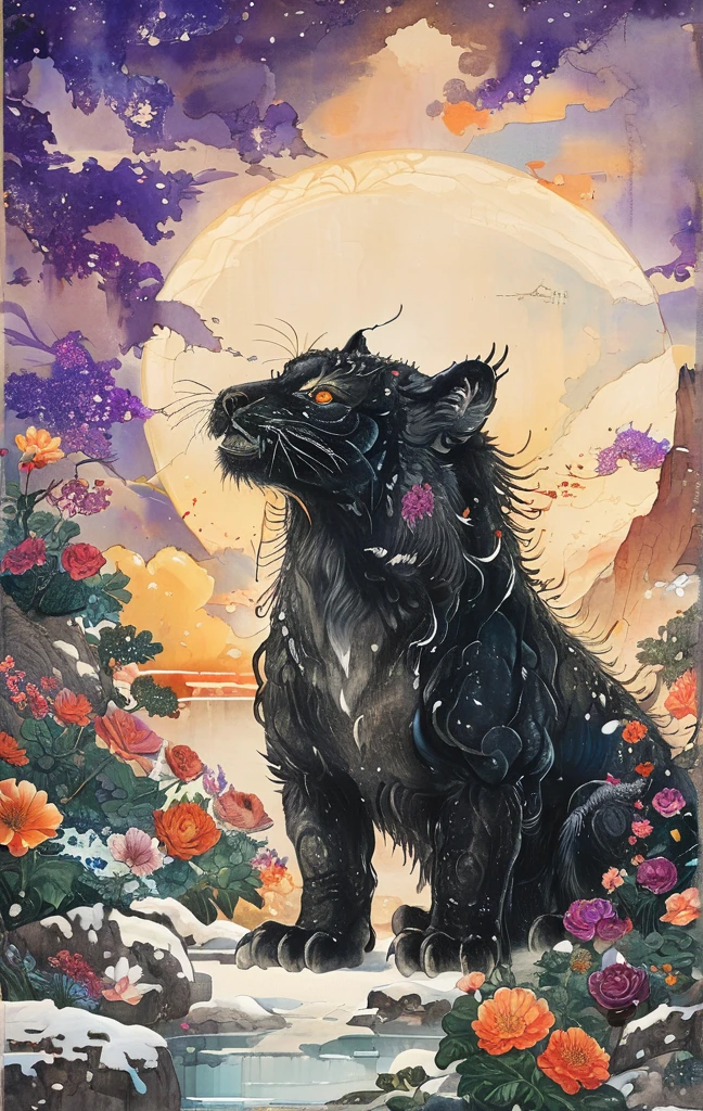 A white dragon lies in the middle of an endless field full of purple flowers, surrounded by snow-capped mountains and a blue sky sparkling with golden sunset rays. The whole scene is filled with a dreamy atmosphere, with vibrant colors and detailed background elements rendered in high resolution and detailed in a top quality illustration style. A girl with black hair and white eyes, dressed in dark , stands next to an anthropomorphic tiger, both looking at the camera. The background is adorned with intricate patterns of flowers and leaves., with a black color scheme, taken from a low angle shot, with high resolution and high detail, a masterpiece