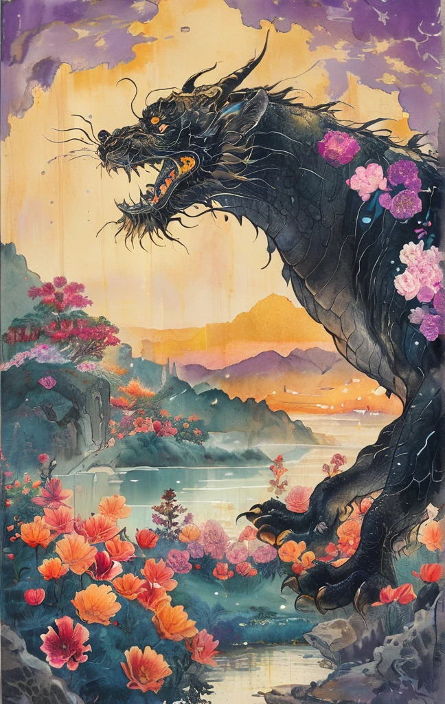 A white dragon lies in the middle of an endless field full of purple flowers, surrounded by snow-capped mountains and a blue sky sparkling with golden sunset rays. The whole scene is filled with a dreamy atmosphere, with vibrant colors and detailed background elements rendered in high resolution and detailed in a top quality illustration style. A girl with black hair and white eyes, dressed in dark , stands next to an anthropomorphic tiger, both looking at the camera. The background is adorned with intricate patterns of flowers and leaves., with a black color scheme, taken from a low angle shot, with high resolution and high detail, a masterpiece