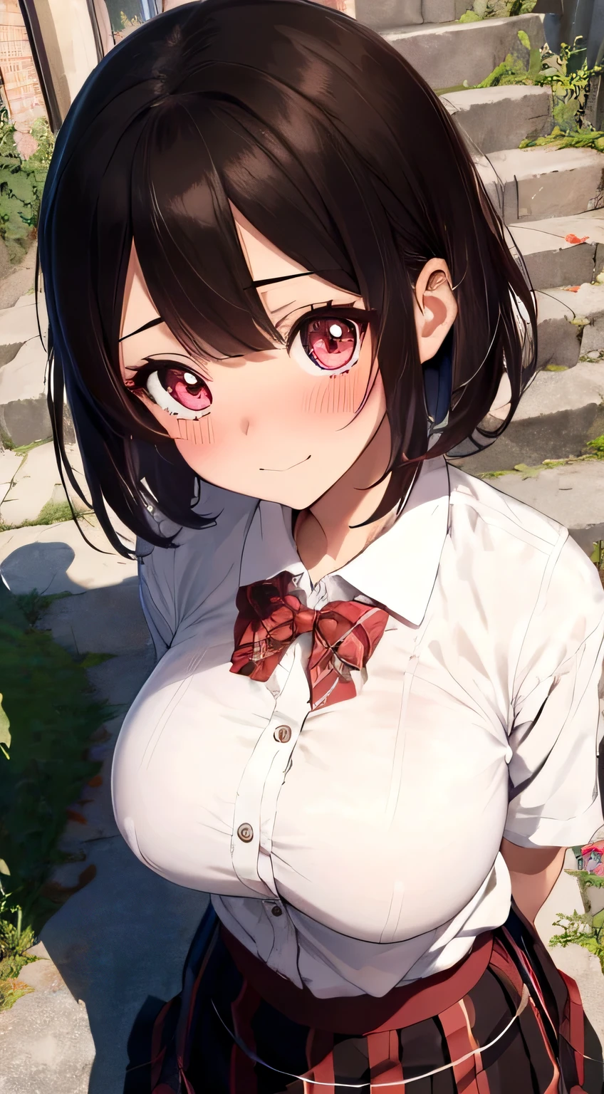 ((masutepiece, Best Quality, hight resolution, nffsw, Perfect Pixel, 4K, nffsw, nffsw))), 1girl in, Single, Solo, Beautie、full body seen、 ((Short Wave Hair, Bangs, Brown hair)), ((Brown-eyed, Beautiful eyelashes, Realistic eyes)), ((Detailed face, Blushing:1.2)), ((Smooth texture:0.75, Realistic texture:0.65, Photorealistic:1.1, Anime CG style)), medium breasts, Dynamic Angle, Perfect body, ((red bowtie, , , White shirt, Black skirt, plaid skirts)), City staircase、Looking up from the bottom of the stairs、Very embarrassing panic smile、Open your mouth and make a surprised face、 turned around、bending forward、(The wind flipped my skirt and exposed my butt..............................、stick out your butt、Touching the buttocks with both hands、Pink lace panties)、