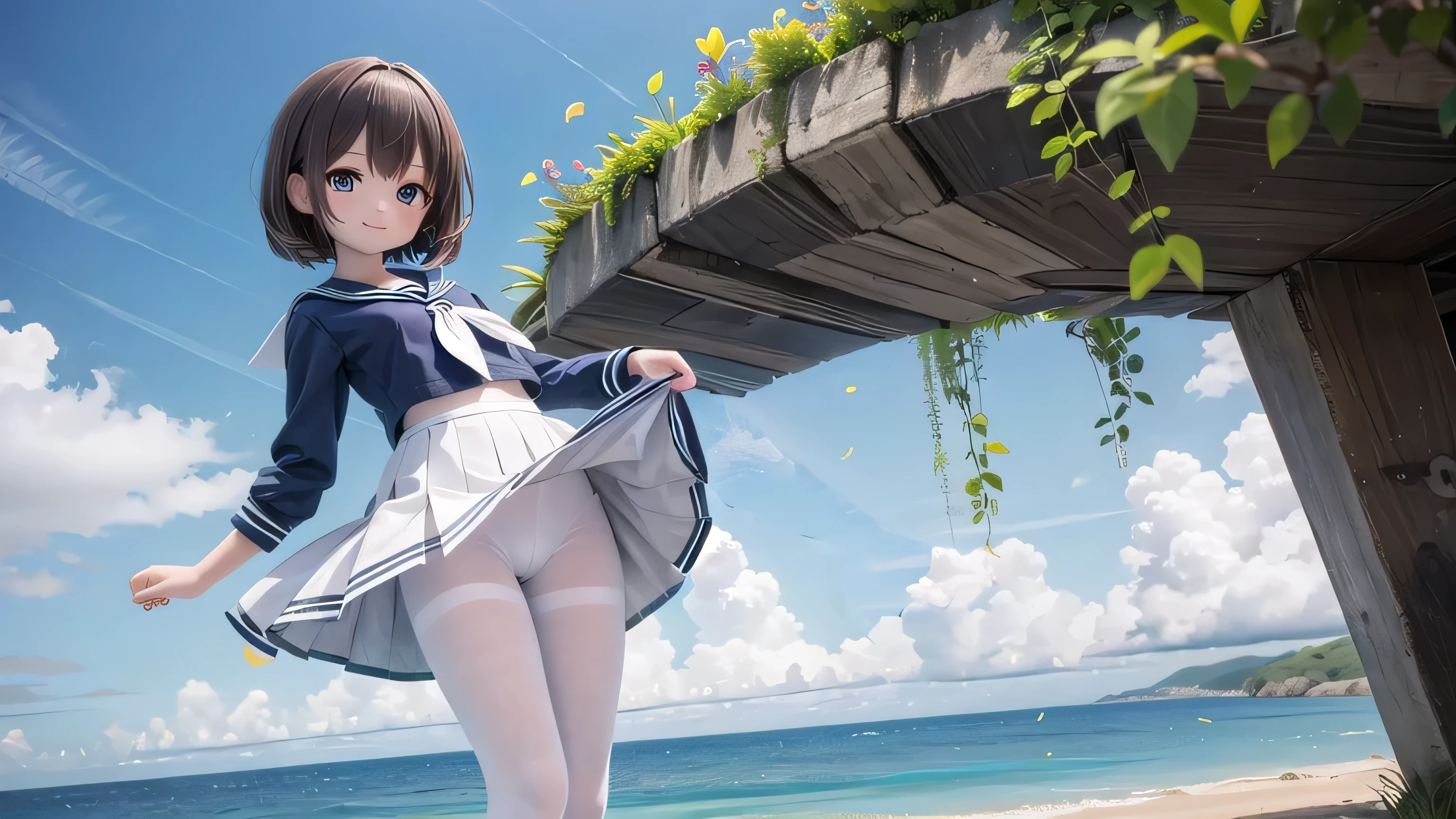 (masterpiece),  town,  blue sky,  One Girl, Place the person on the right,  smile,  alone,  Sailor suit、Long skirt,  Overgrown,  petal,  plant、Skirt lining、White slip、nostalgic、Grey pantyhose、I can see the ocean in the distance, Crotch close-up