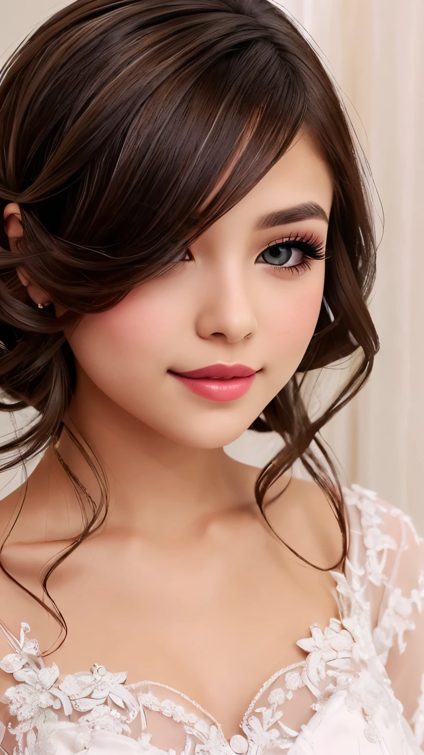 beautiful girl, brown eyes, beautiful slim age girl 25 year old woman, hair color [blonde highlights hair], [undercut pixie] hair, lips, realistic, narrow waist, charming, pink lipstick, colorful makeup, long eyelashes, fair skin, (cute), (detailed face), detailed eyes, detailed iris, (large breasts:1.2), (wedding dress)
