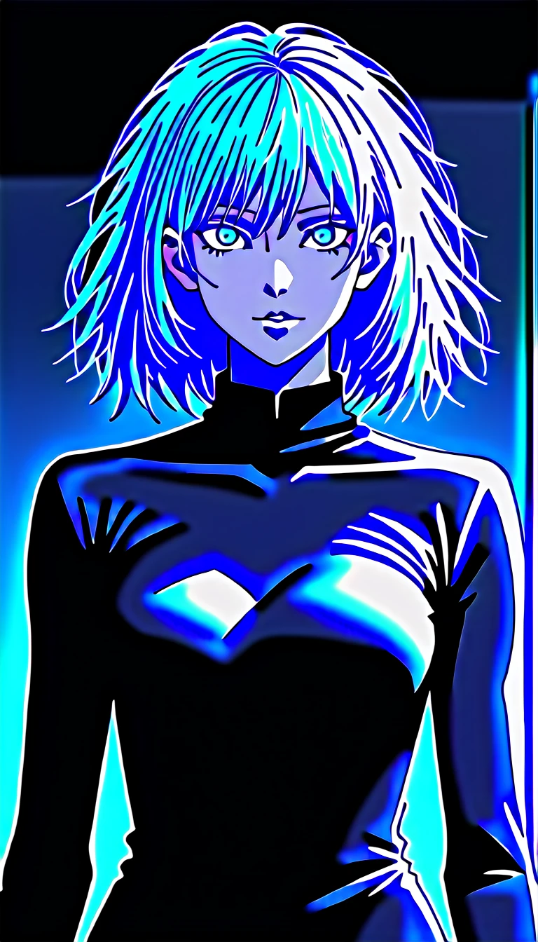 (high quality, 8k, 4K, high contrast, artwork:1.2, high quality, best aesthetics), (dynamic angle), ((1 woman)), erotic, sensual, mature body, super detailed, beautiful face detailed, beautiful eyes detailed, detailed beautiful mouth, sexy body, perfect breats, (long wavy white hair), (bright light blue eyes), (playful facial expression), (black costume), (standing), (centered), (looking at viewer)