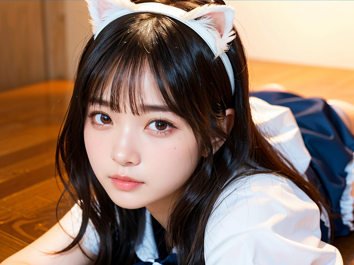 Highest quality,masterpiece:1.3,Ultra-high resolution),(Very detailed,Caustics,8K),(Realistic:1.4,RAW shooting),18-year-old,Japanese,A little sad look,Looking at the camera,Shiny skin, Slender body, Good figure,Rembrandt Lighting, Realistic atmosphere, glossy lips,Soft white skin that shines in every detail,Detailed drawn eyes、Very beautiful eyes,Detailed lips、Beautiful, shining lips,Very beautiful face,Very well-formed face、18-year-oldの美しい少女,、Detailed face,Puff out your cheeks, (Photorealistic:1.2), (Highest quality), (Detailed skin:1.3), (Intricate details), Ray Tracing,One girl, In detail,real,Detailed skin texture, Black Hair, Long Hair,Cat ears headband, (Wavy Hair:1.2), (Blunt bangs:1.2), cute, Sailor suit,(Face Focus:1.1),(Face close-up:1.1),(Low position::1.3),(Low Angle::1.3),Retro Cafe,