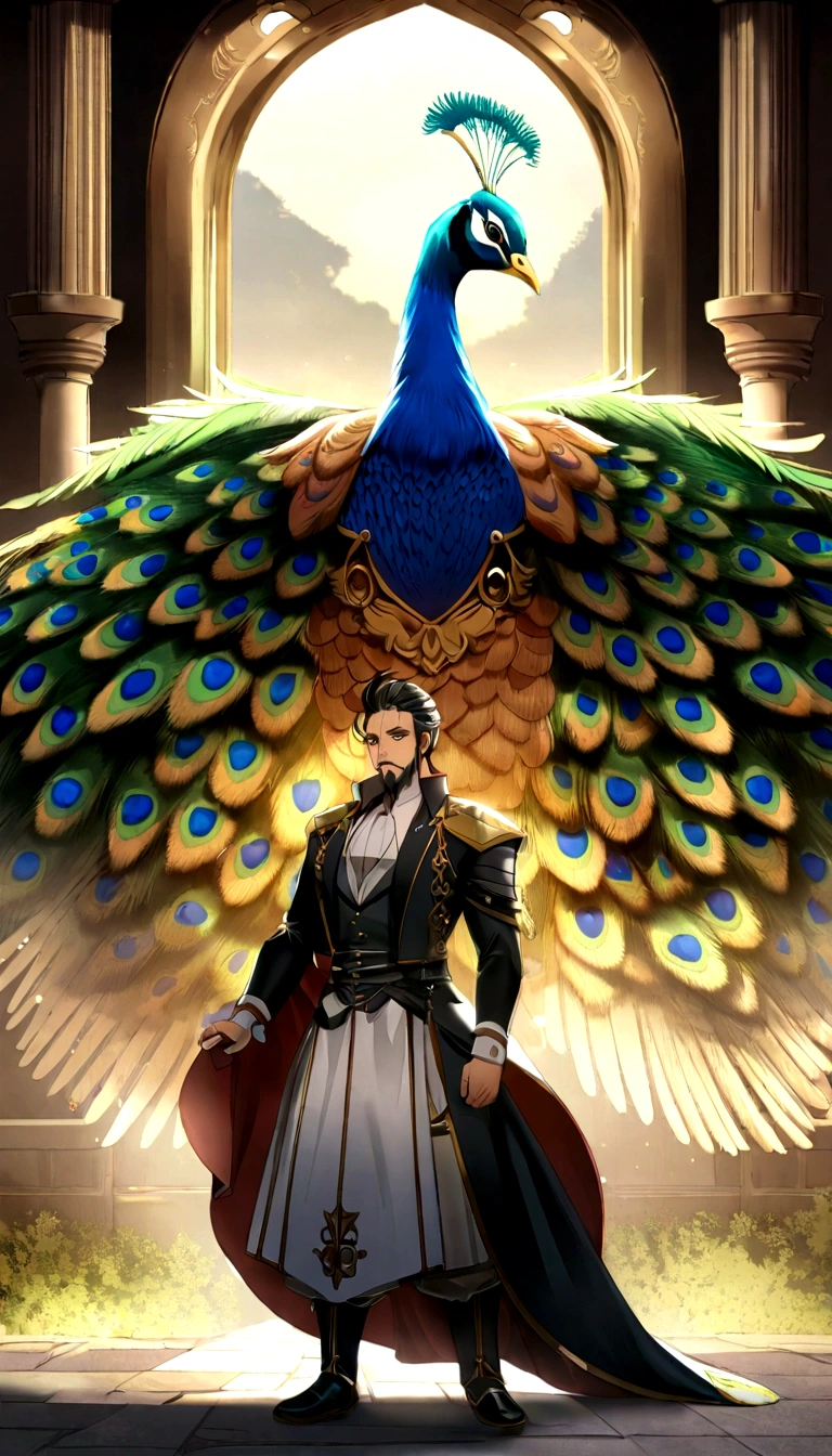 ((1Homens)) ((homem rosto com barba, deus da beleza)), ((Deus eros)), Deus da Lua, Um retrato impressionante de um deus, Frank Kelly Freas, estilo de Karol Bak, (( rosto lindo),(( Celtic Mystic Forest)), ((with a majestic peacock and a Greek column beside the man, Deus eros)), (( majestic peacock,ave de plumagem rara e bonita, Explendida )), 8K