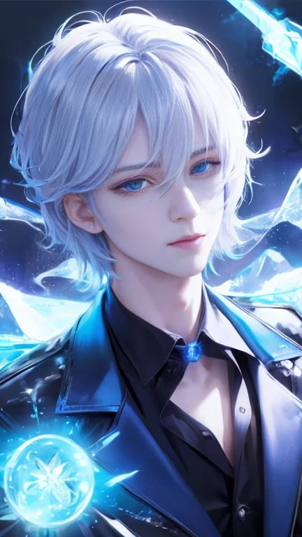 1 boy, Halo, look, Black_background, blue_Eyes, blue_fire, Fuzzy, cigarette, coexist, crystal, electricity, vitality, luminescent, luminescent_Eye, hair_between_Eyes, High target_collar, Keep, Keep_cigarette, 闪electricity, long_sleeve, look着_exist_audience, magic, male_Key Points, purple_coexist, simple_background, Solitary, Predominant_Body, White_hair
