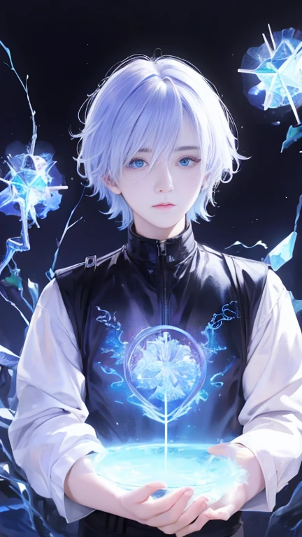1 boy, Halo, look, Black_background, blue_Eyes, blue_fire, Fuzzy, cigarette, coexist, crystal, electricity, vitality, luminescent, luminescent_Eye, hair_between_Eyes, High target_collar, Keep, Keep_cigarette, 闪electricity, long_sleeve, look着_exist_audience, magic, male_Key Points, purple_coexist, simple_background, Solitary, Predominant_Body, White_hair