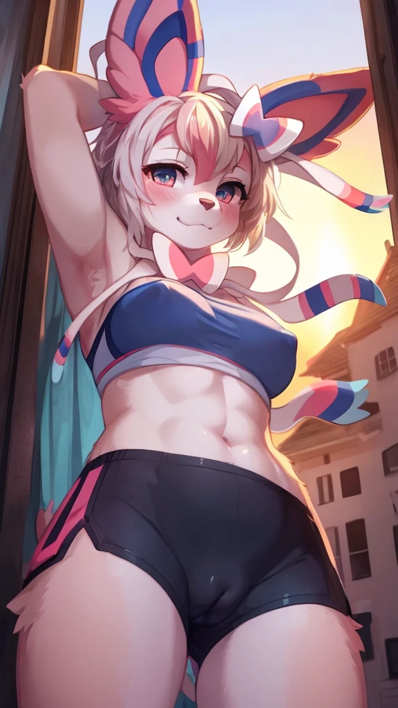 (lower camera angle), by Kakure Eria, by Kiyosan, by Dobrota, by Nsfwzhenya:by Karukuji, by Diamobster, by Fatal Dx:0.65, , solo,solo focus,female,female focus,anthro,(athletic), ((sylveon:1.3)), BREAK, (sunset, building, town, blue green sky:1.15), detailed background, depth of field, shadow, sunlight, ambient silhouette, backlighting, masterpiece, best quality, 4k, 2k, shaded, high detail, ultra realistic, absurd res, (medium breasts, standing, half-length portrait, looking at viewer:1.3), (wearing unconvincing armor) wide hips, hu breasts, nipple bulge, bike shorts, sports bra, cameltoe, sweaty, steam, nude, solo, lying on back, legs spread, pussy, anus, nipples, navel, looking at viewer, score_9, score_8_up, score_7_up, score_6_up, score_5_up, score_4_up, (mother and dad:1.5) ((both having sex)) ((standing and carrying sex position))