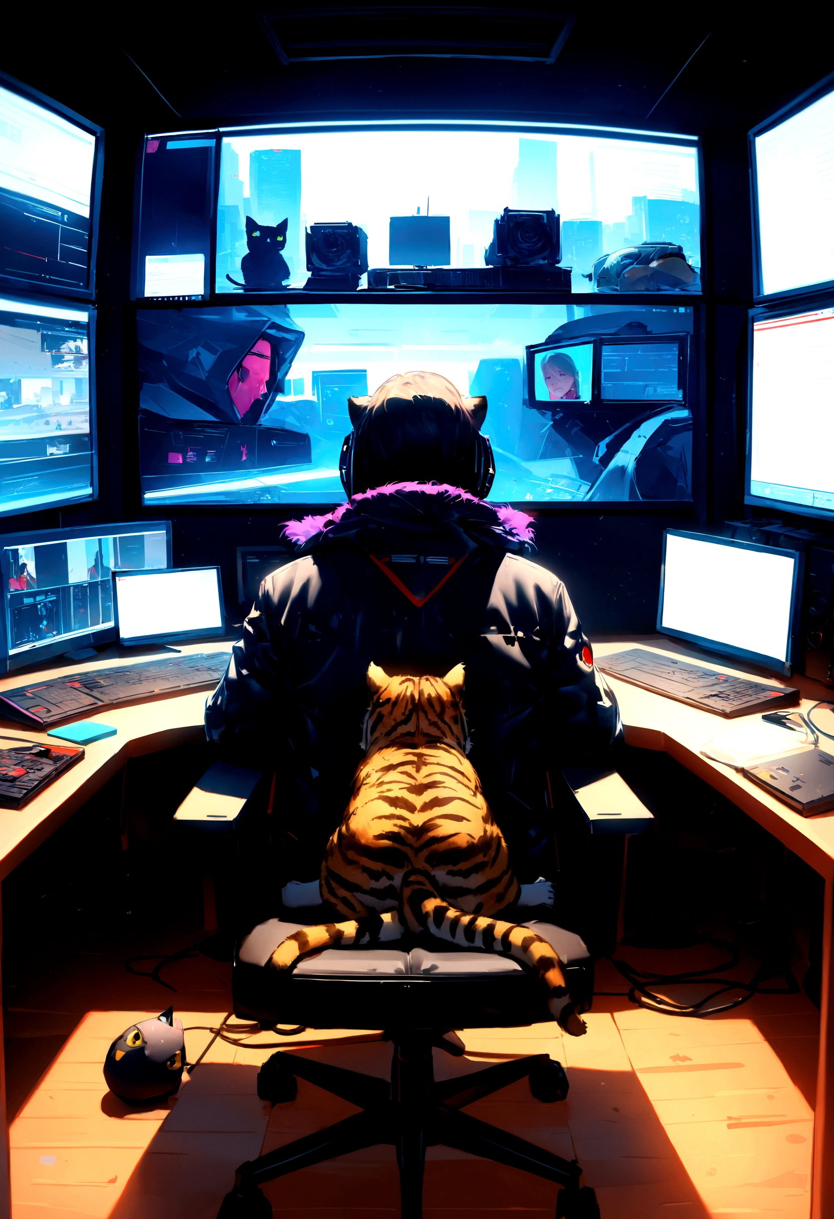 there is a man sitting at a desk with a tiger on his lap, cybercat, sitting at a control center, cyberpunk cat, beeple and greg rutkowski, anton fadeev 8 k, beeple. hyperrealism, cyberpunk hacker, worksafe.cgsociety, worksafe. cgsociety, in front of a computer, beeple!!