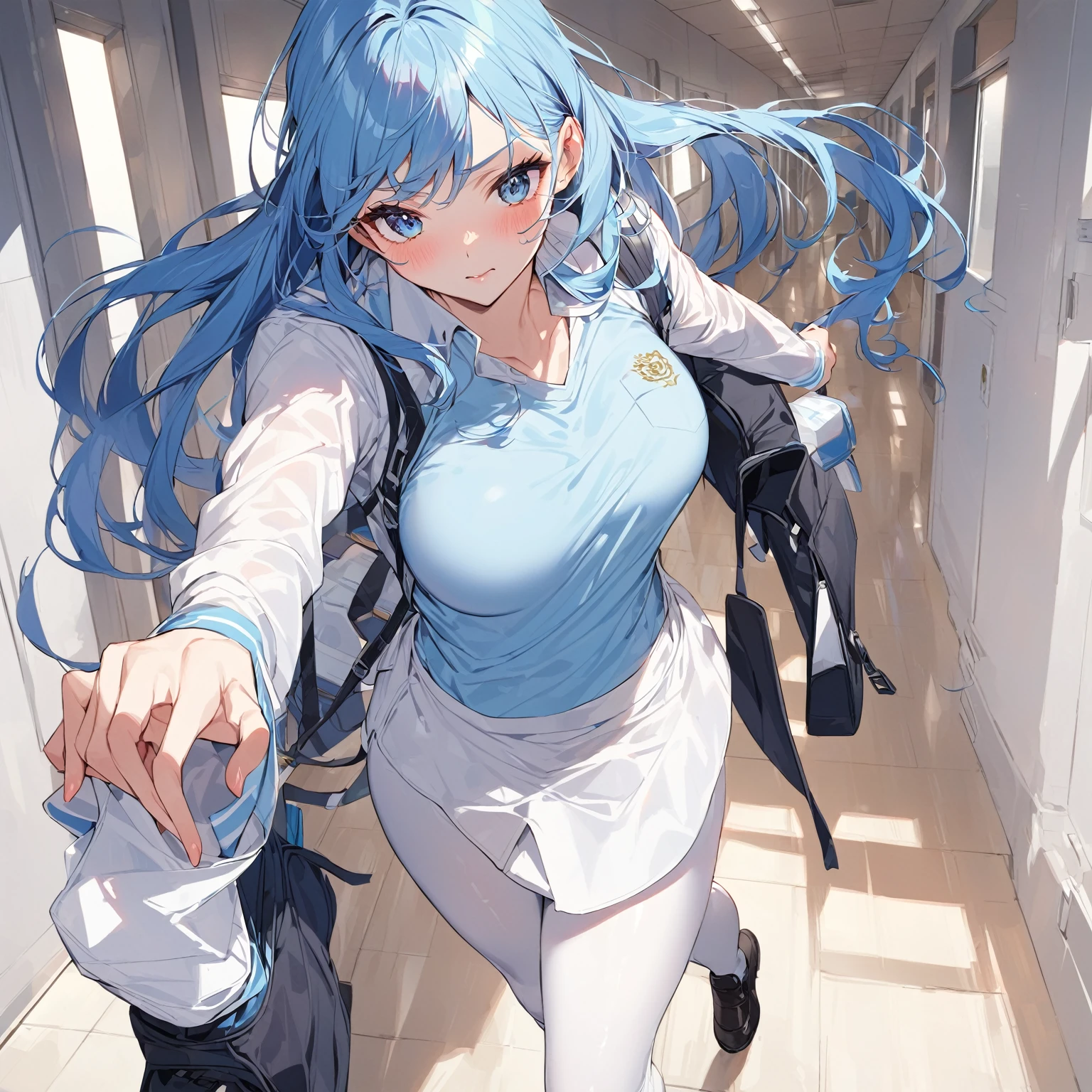Girl walking in a school hallway, long blue hair, skin fair, breasts highlighted in tight shirt, cosplay de uniforme