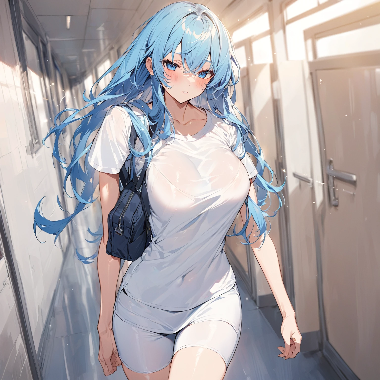 Girl walking in a school hallway, long blue hair, skin fair, breasts highlighted in tight shirt, cosplay de uniforme